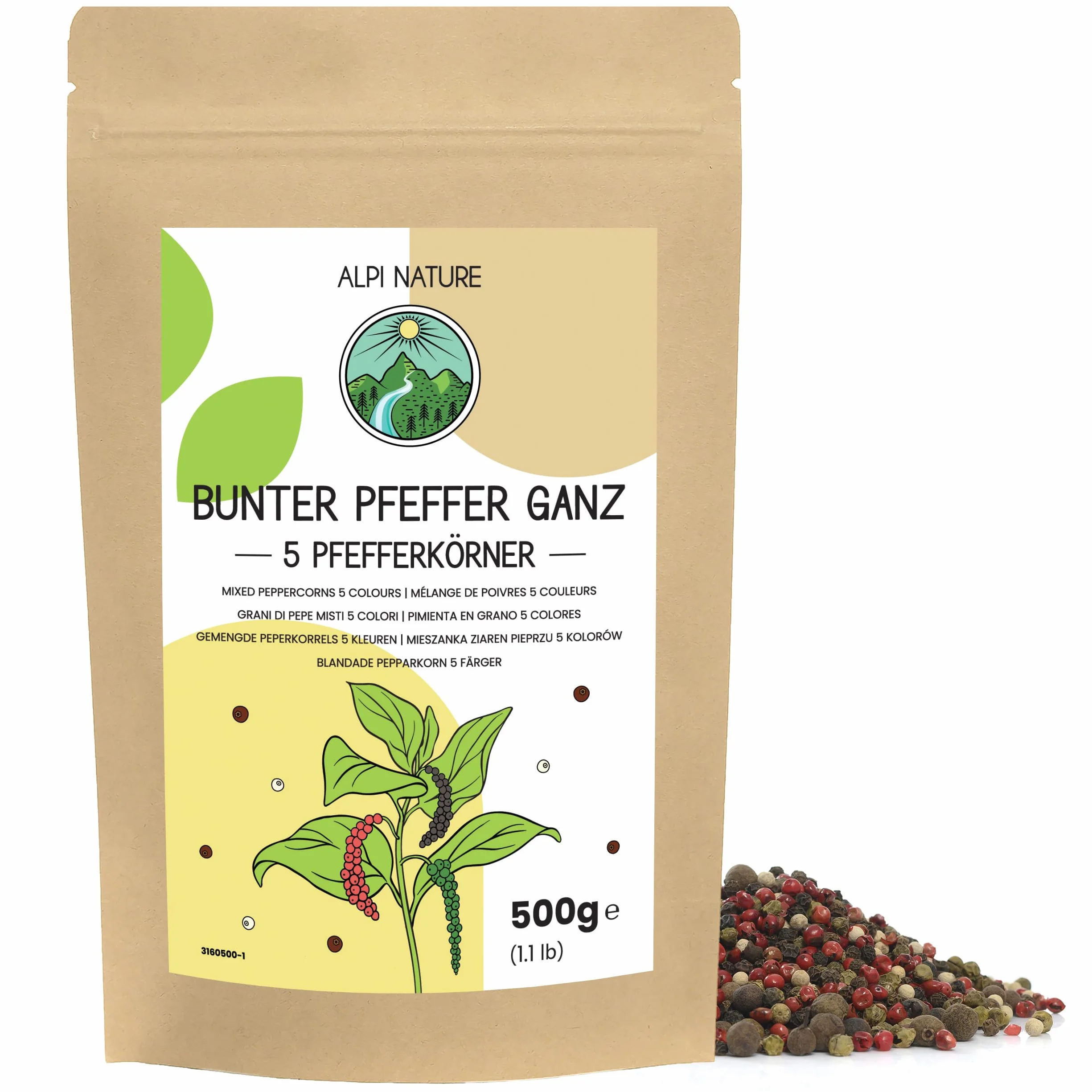 Alpi Nature Poivre 5 baies en grain 500g, Mélange d'Épices de 5 Couleurs, Poivre Noir, Blanc, Vert, Rose et Piment de la Jamaïque