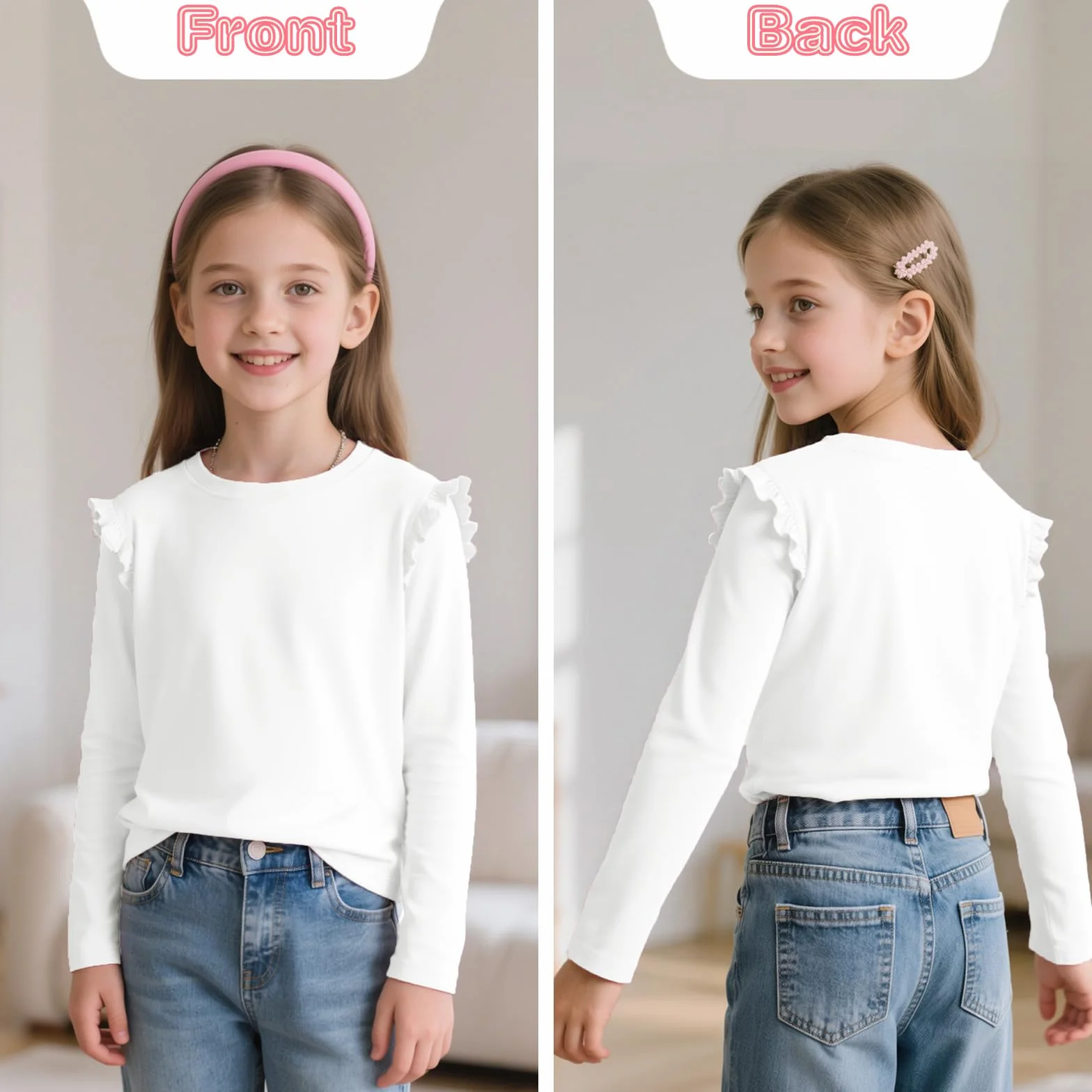 JinBei T-shirt Fille Coton Col Rond Manches Longues Volanté Doux Tops Couleurs Unies Enfants 4-11 Ans