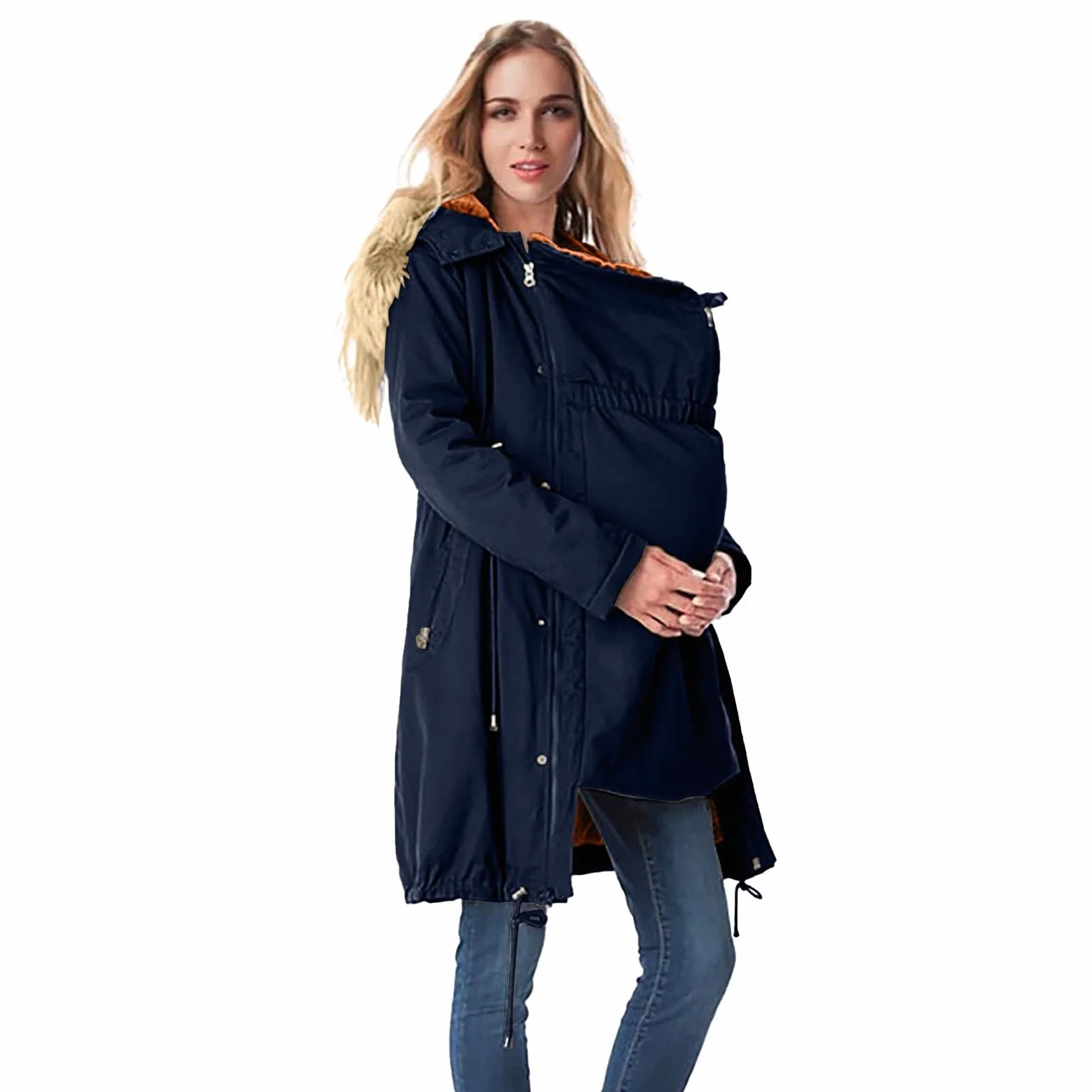 Veste de portage femme bébé d'hiver chaude en coton avec col en fourrure manteau surdimensionné