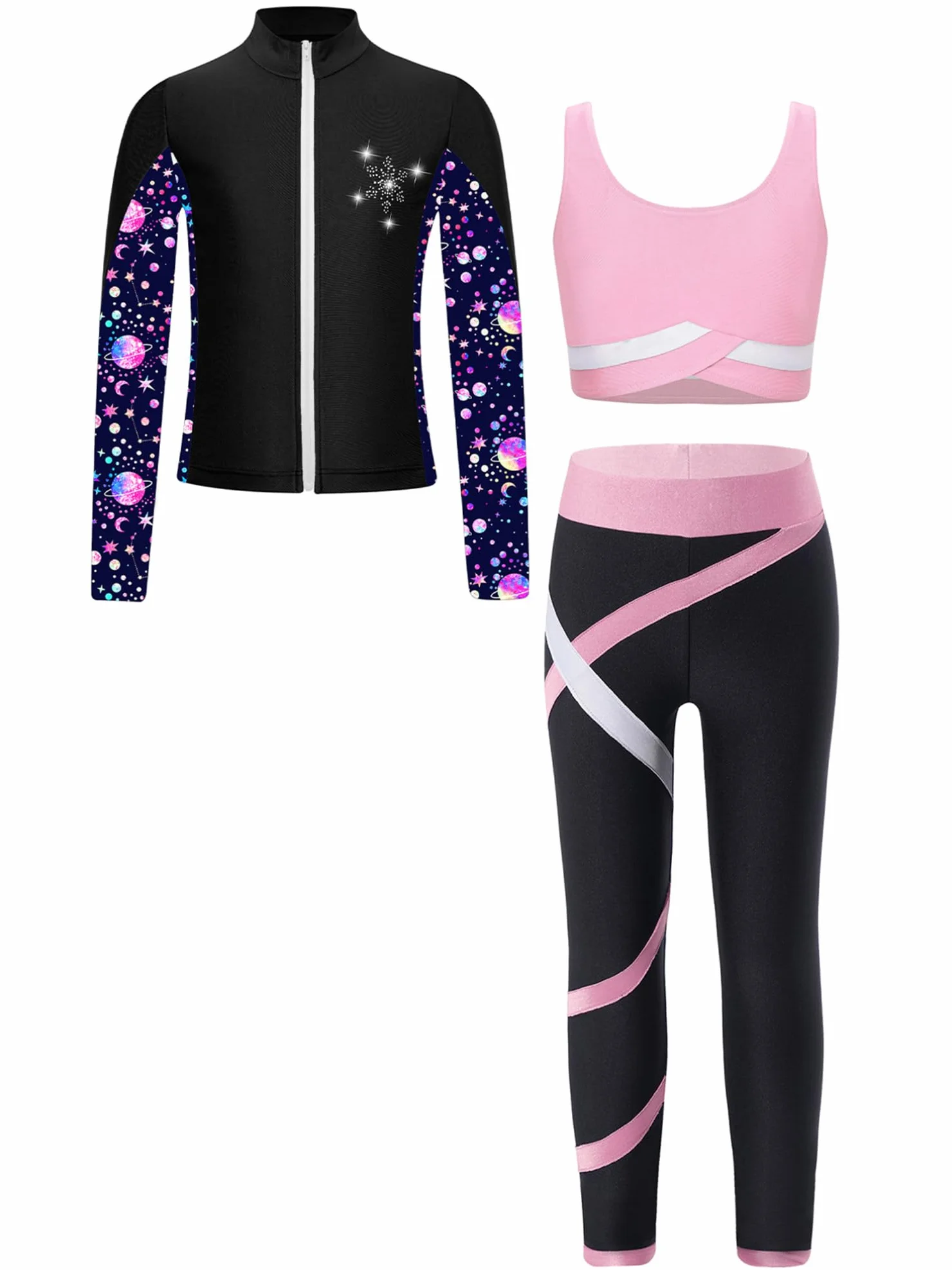 TiaoBug Enfant Fille Ensemble Patinage Artistique Vestes Top Strass Zippée Manches Longues Legging Survêtement Justaucorps Gymnastique 5-16 Ans