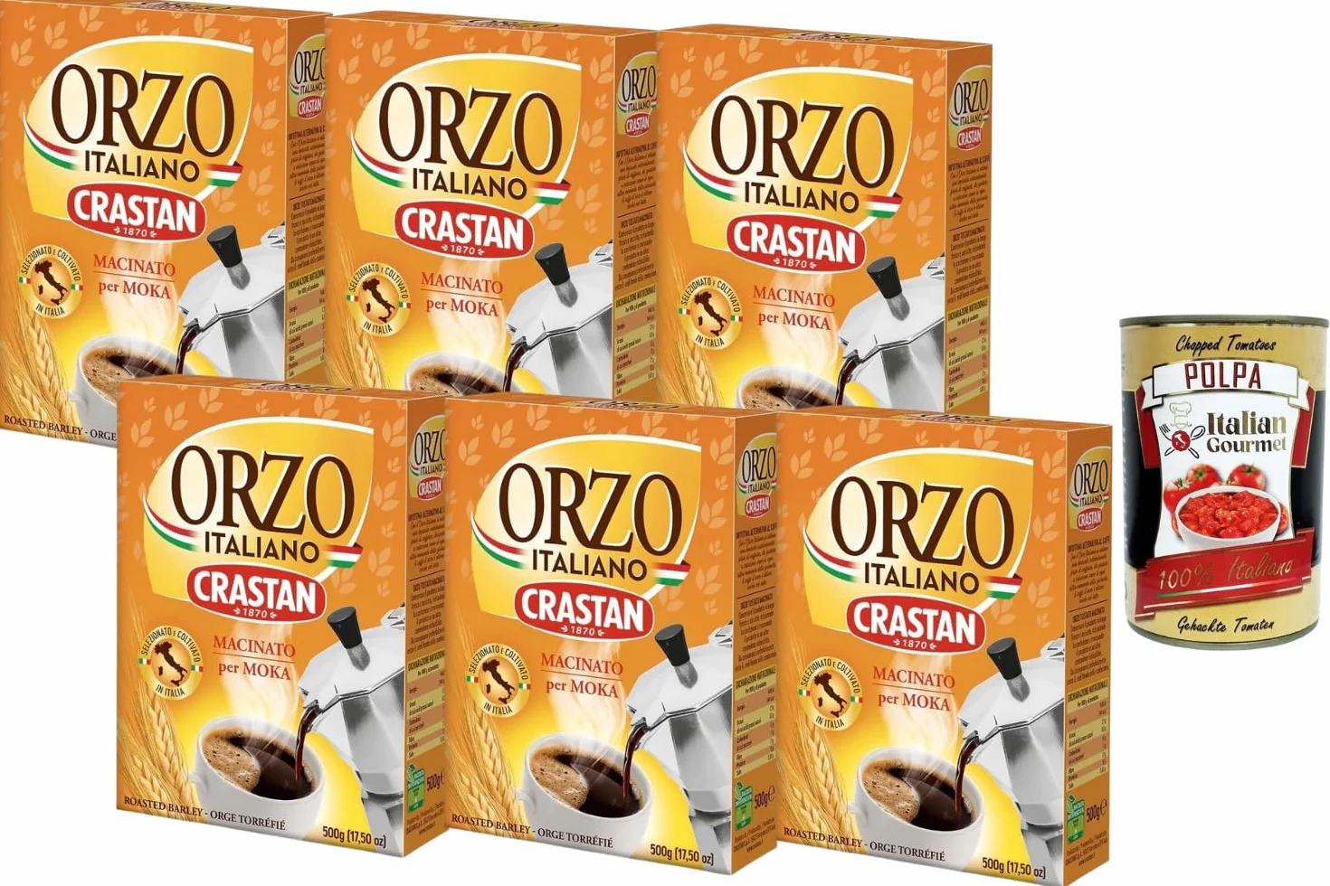 Italian Gourmet - Crastan - Orge Torréfiée Italienne Moulue pour Moka – Orzo Italiano Crastan – Alternative au Café Sans Caféine – Goût Toasté Intense, Pour Cafetière 6 x 500 g + Italian Gourmet Polpa