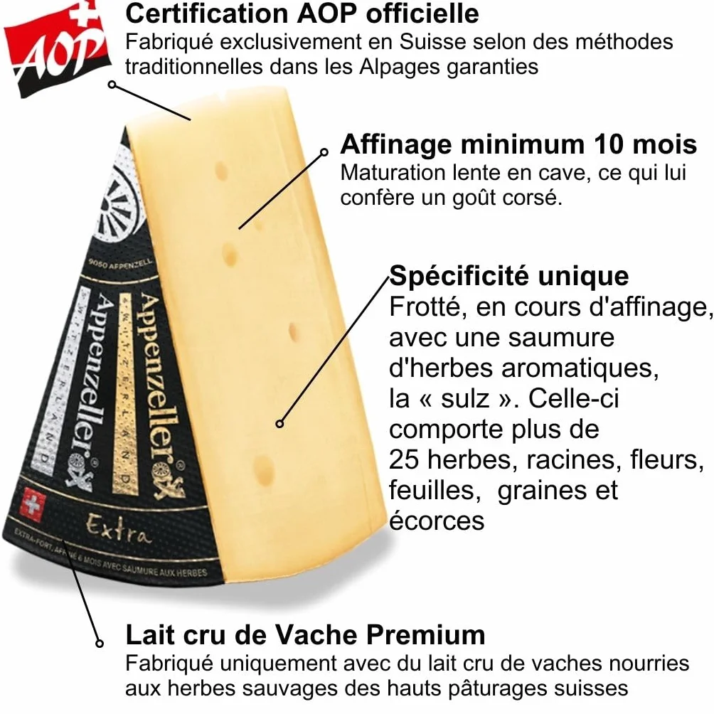 Appenzeller AOP Extra - Fromage Suisse traditionnel - 500gr - Goût corsé et épicé - affinage minimum 6 mois - Pâte pressée - Idéal raclette, fondue, apéritif
