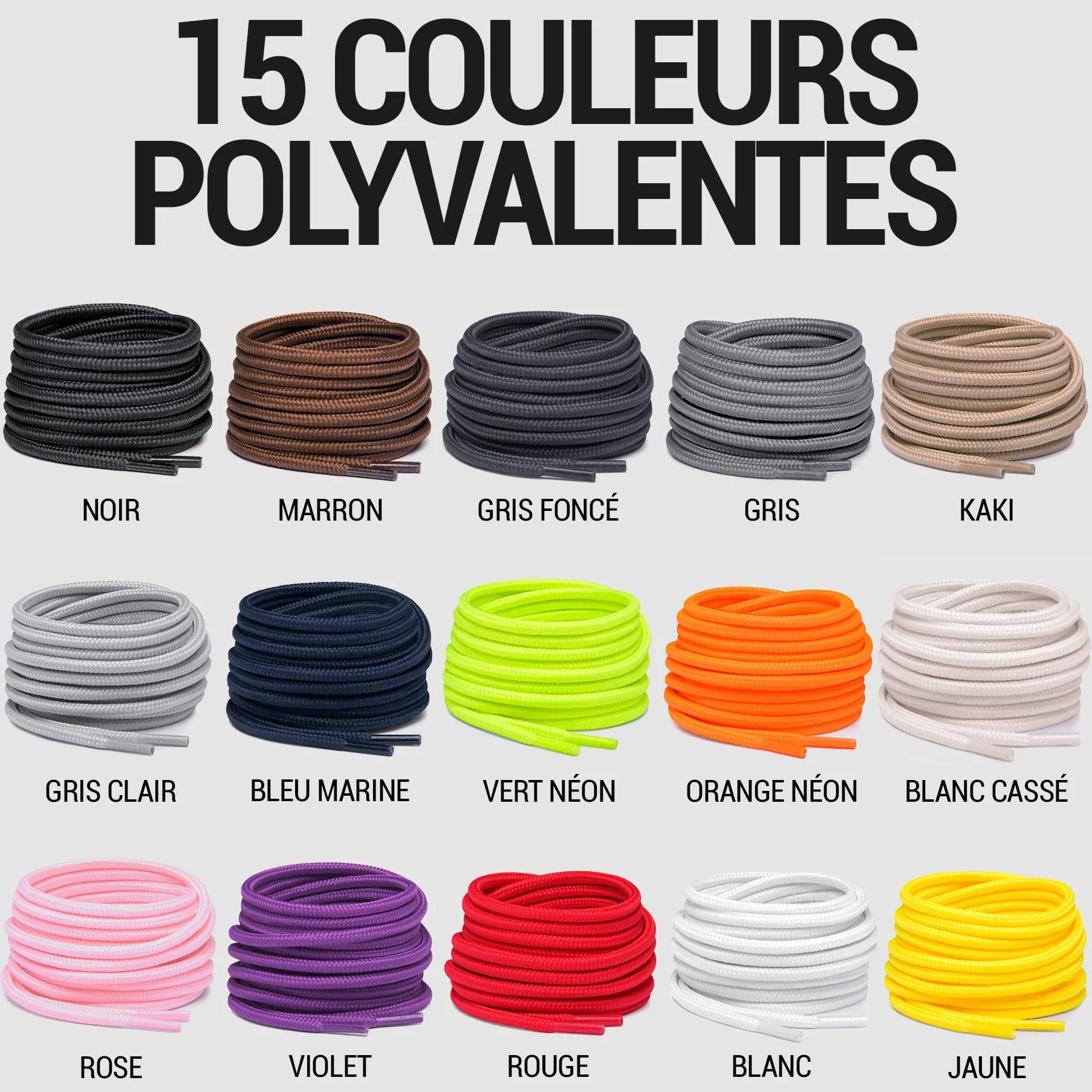 Lacets Ronds pour Chaussures, Baskets et Bottes - Plusieurs Longueurs et Couleurs