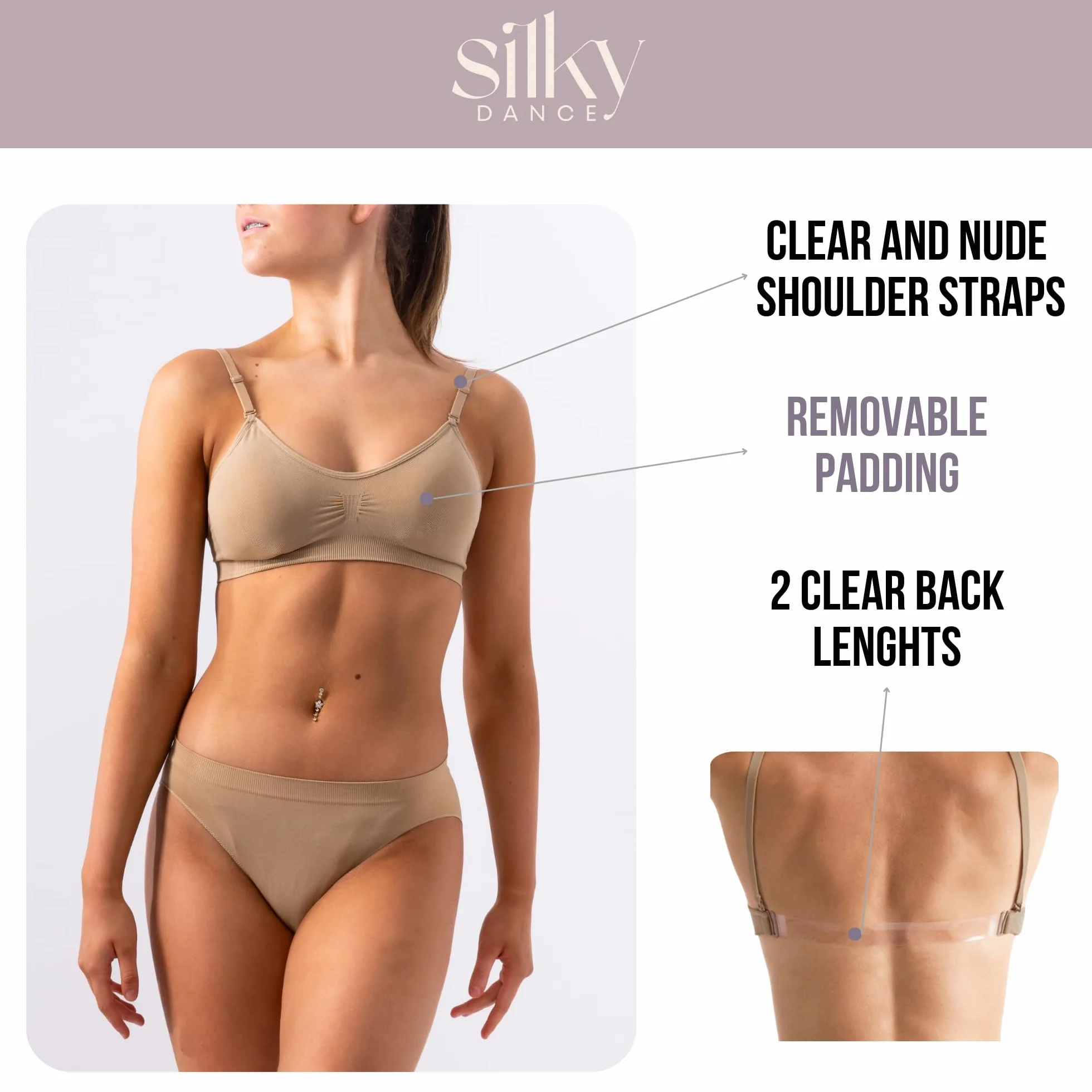 Silky Dance Soutien-gorge dos nu sans couture rembourrage amovible danse sport femmes 2 bretelles transparentes 2 bretelles épaule nude
