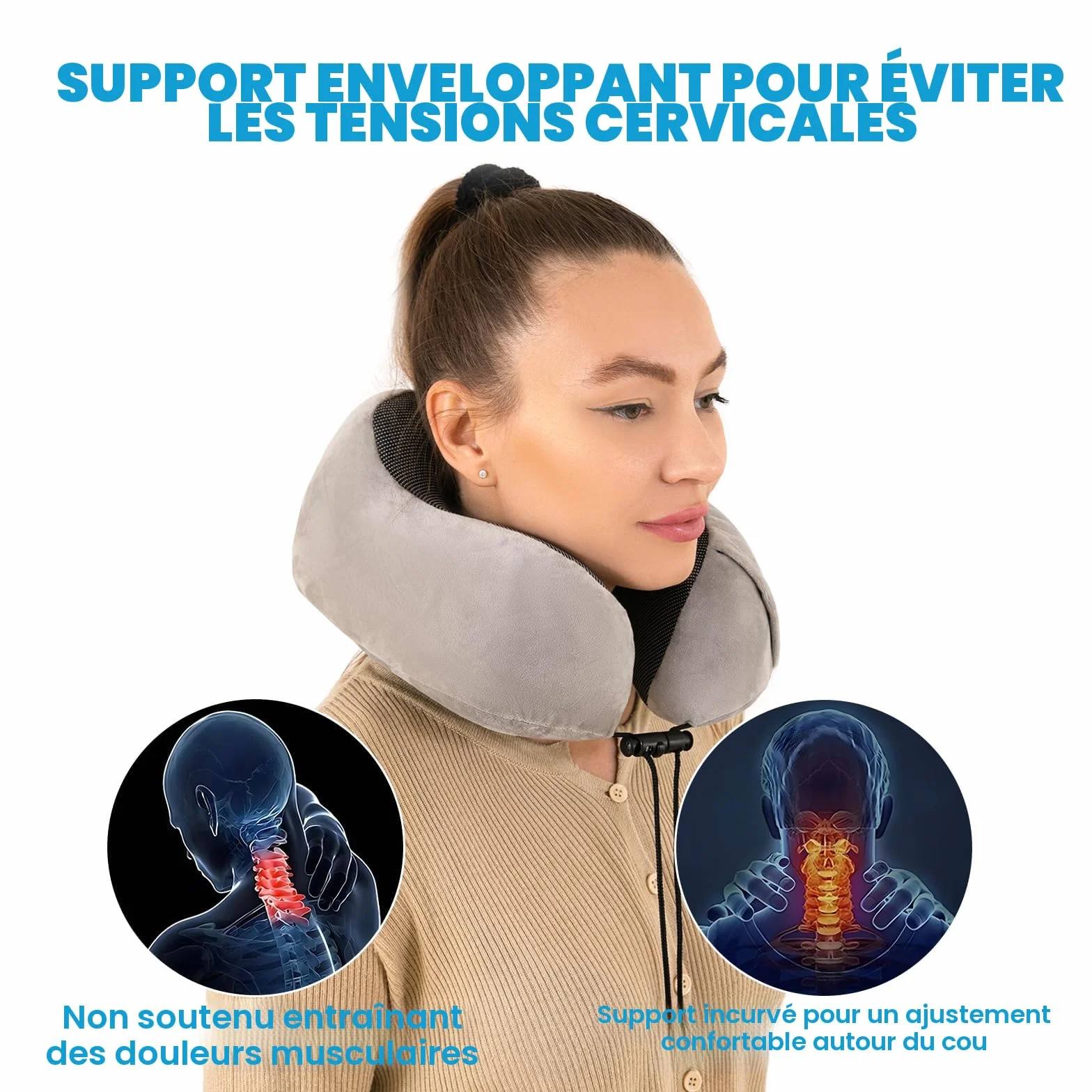 Good Nite Coussin de Voyage Oreiller Cervical Mousse à Mémoire avec Masque pour Les Yeux Bouchons d'oreille Sac de Transport Inclus Gris