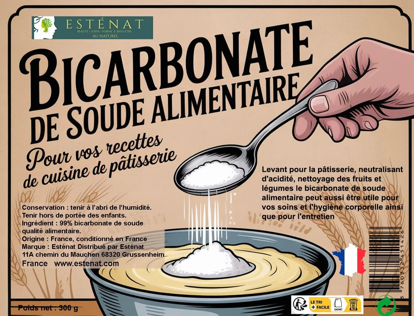 Bicarbonate de Soude Alimentaire 300g - Qualité Extra-Fine Pâtisserie & Cuisine - Pur & Sans Additifs - Multi-Usages : Digestion, Soins Corps & Entretien Écologique - Origine France - ESTÉNAT