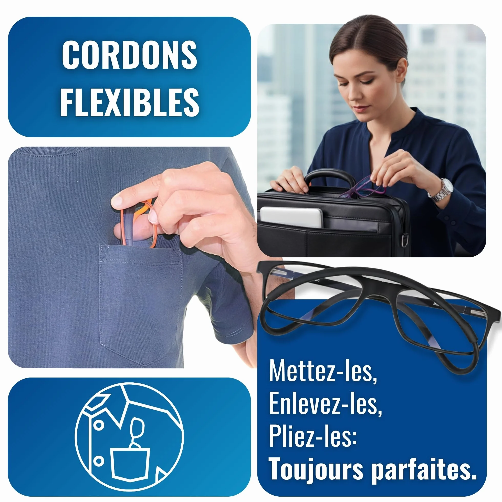 INDESMED Lunettes de lecture magnétiques réglables anti lumière bleue légères cordon interchangeable