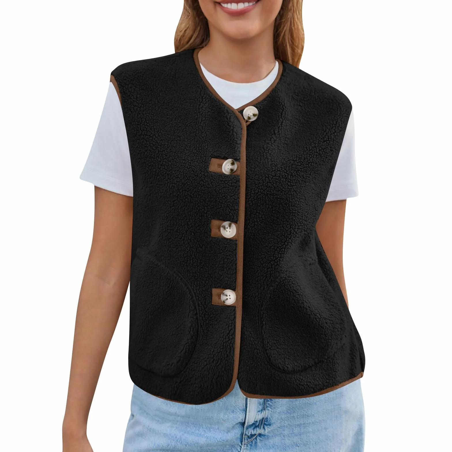 Gilet Polaire Sans Manches Pour Femme Veste Laine Couleur Unie Chaud Avec Poches