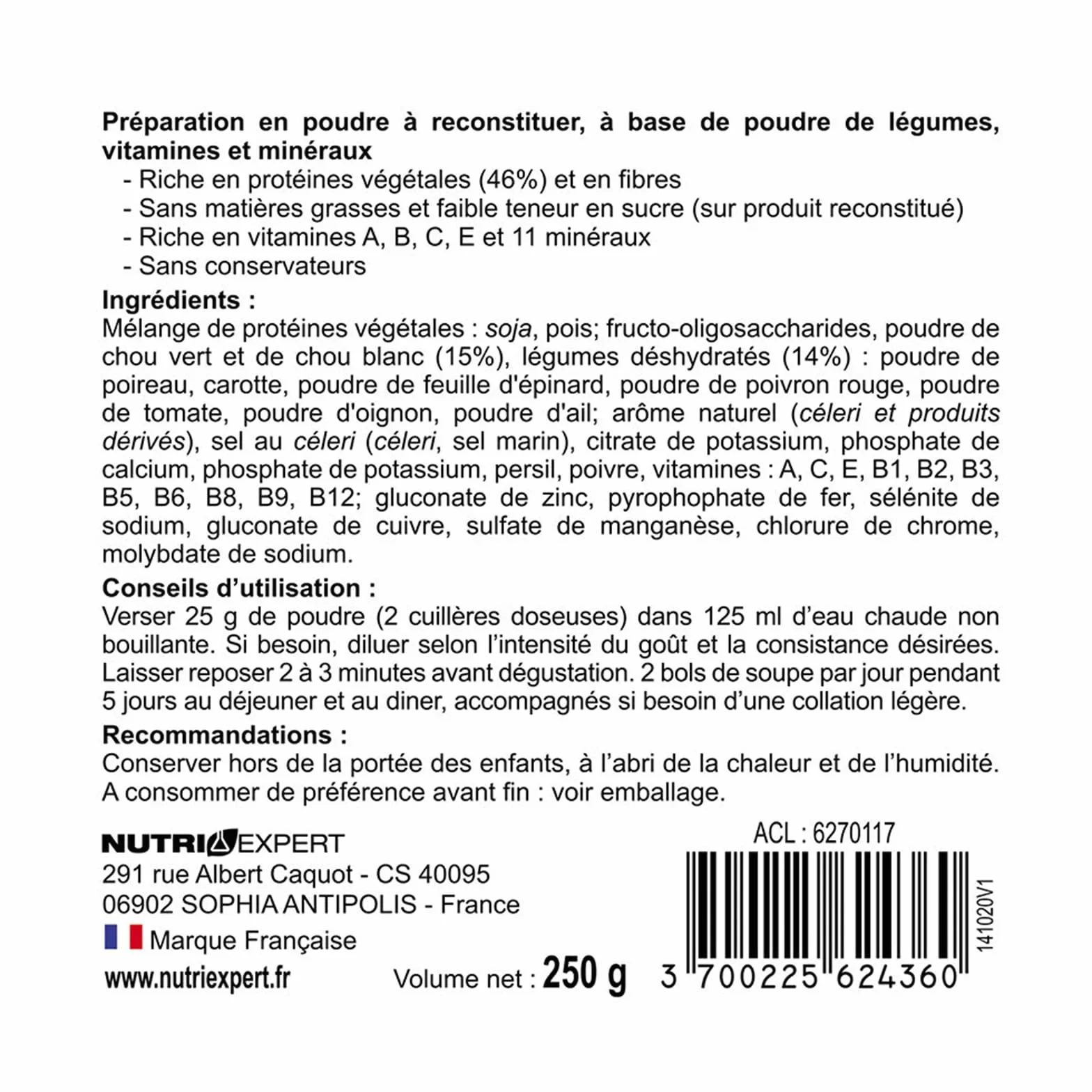 NUTRI EXPERT - Soupe aux choux vegan - Riche en protéines d'origine végétale & fibres - 11 vitamines & minéraux - Sans matière grasse - Cure express 5 jours - 250 gr