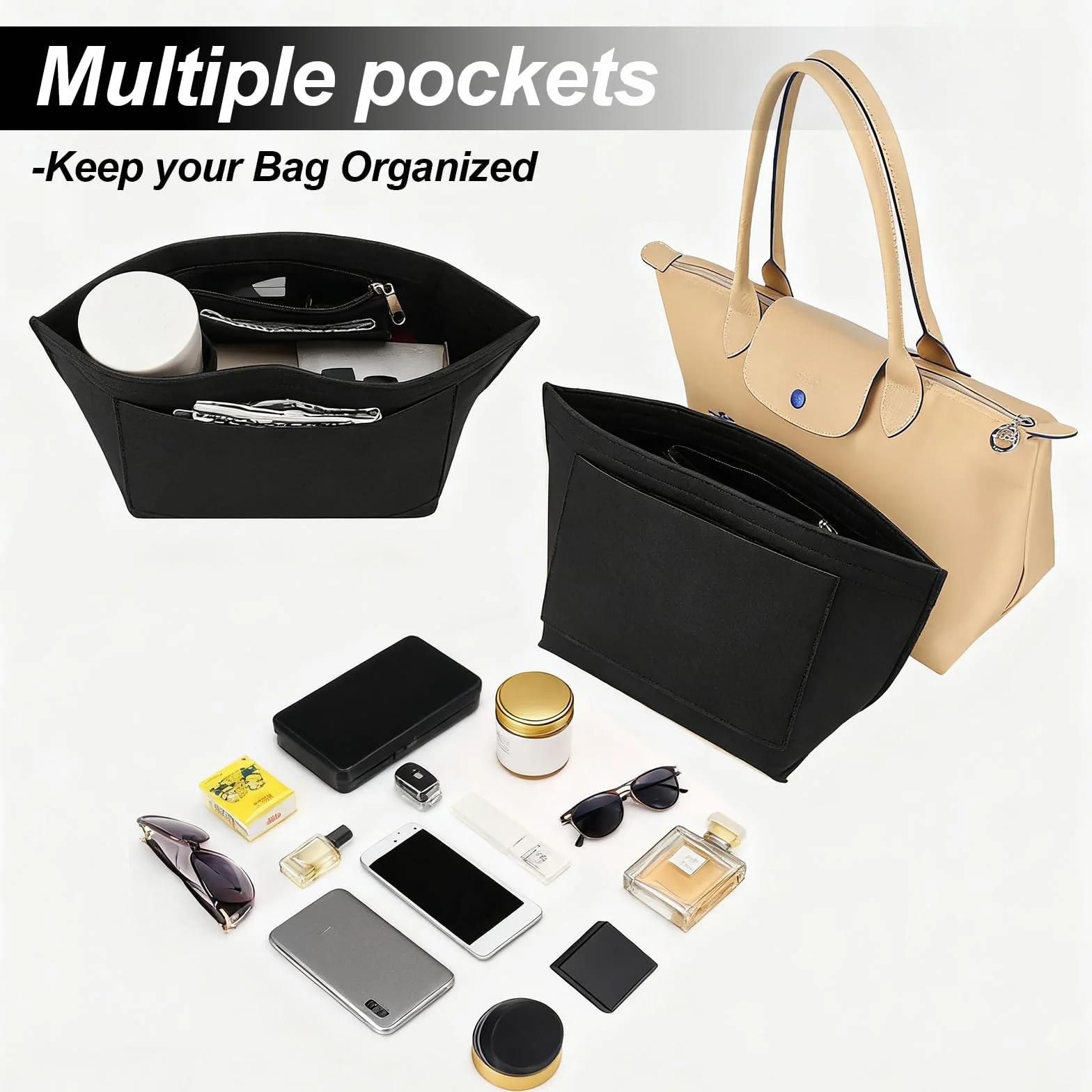 Organisateur de Sac en Felt pour Longchamp Le Pliage Femme, 25x15x19cm, Noir