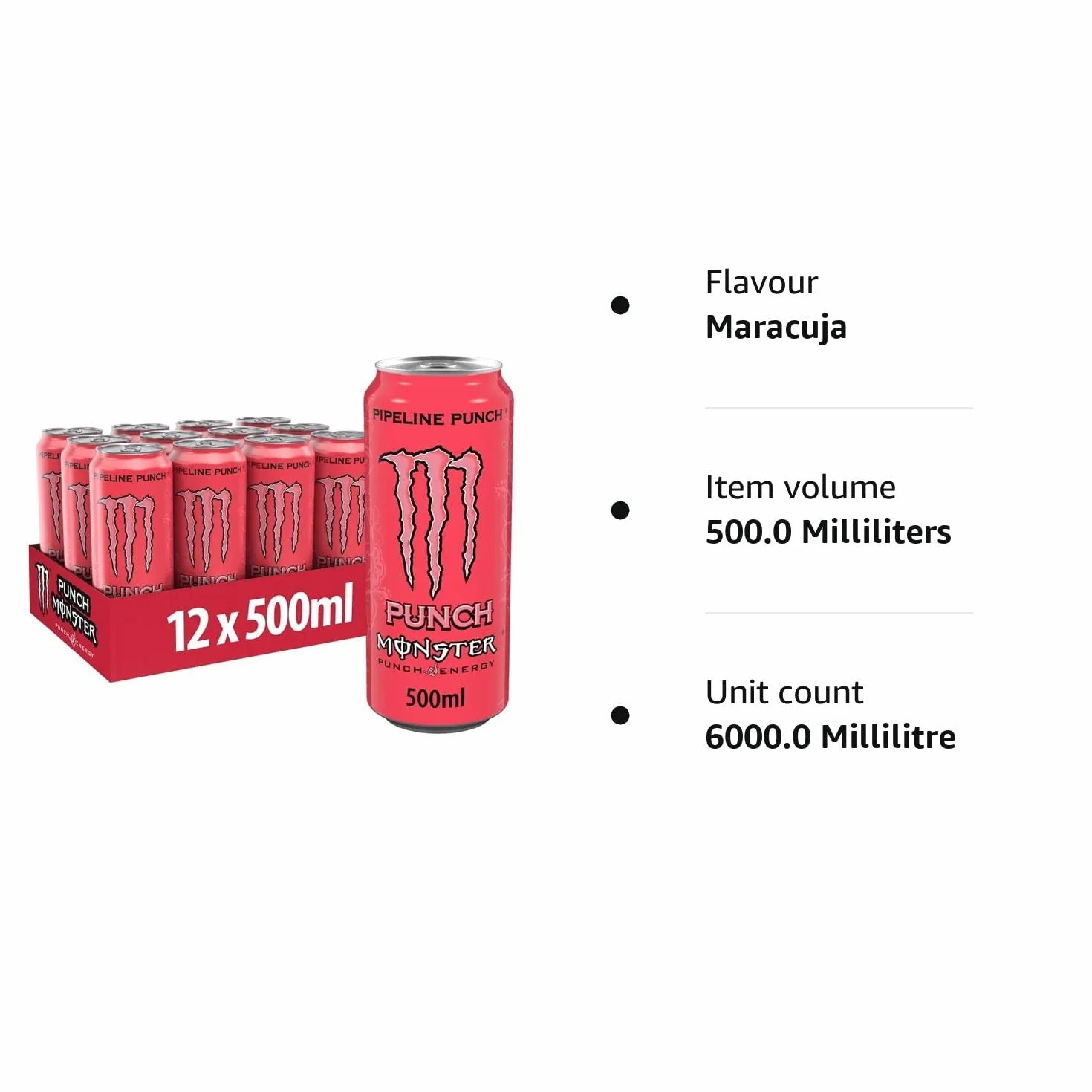 Monster Energy Pipeline Punch – Boisson énergisante caféinée au goût rafraîchissant de fruit de la passion, orange et goyave – dans des boîtes jetables pratiques (12 x 500 ml)