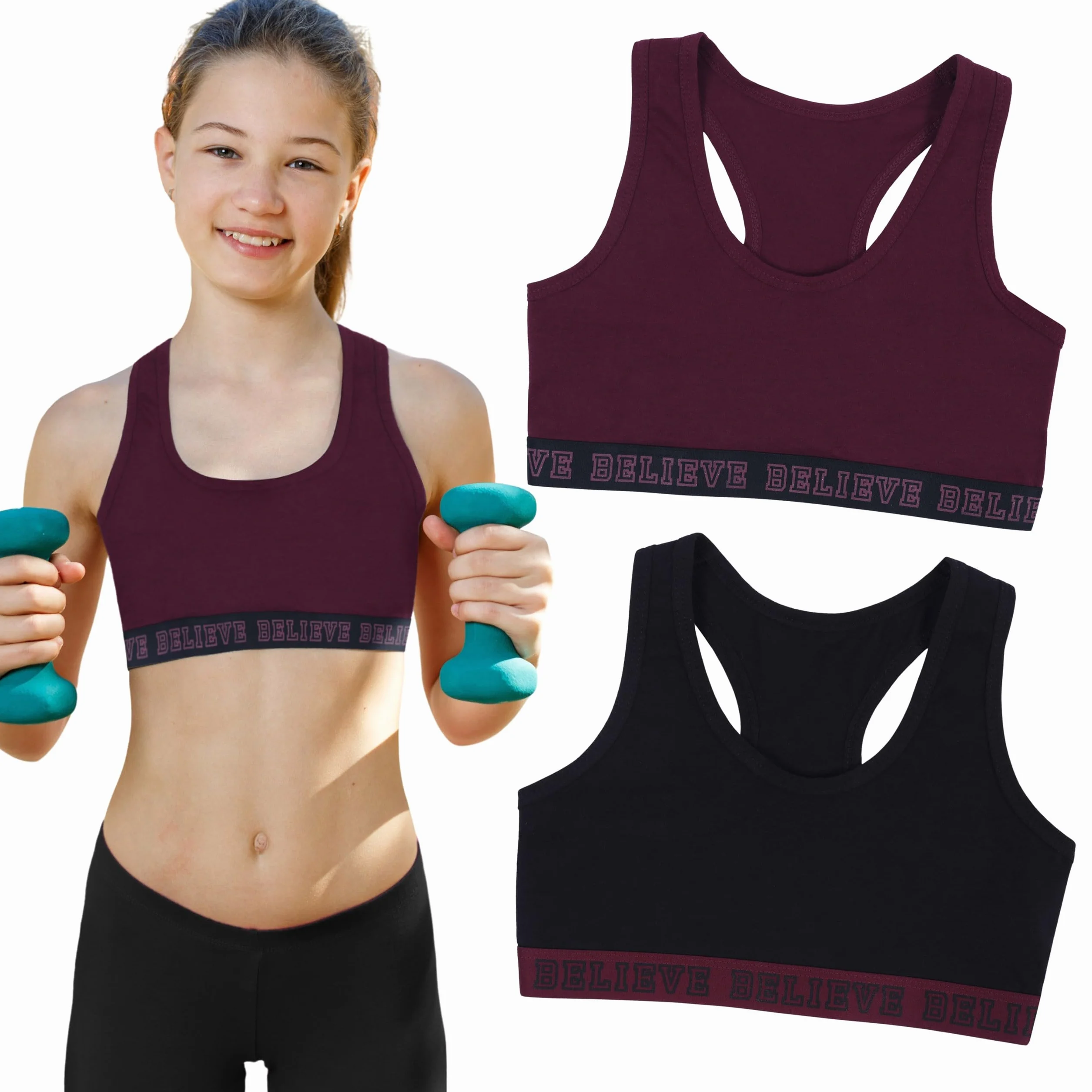 Haut de sport pour jeunes filles, bordeaux et noir, lot de 2