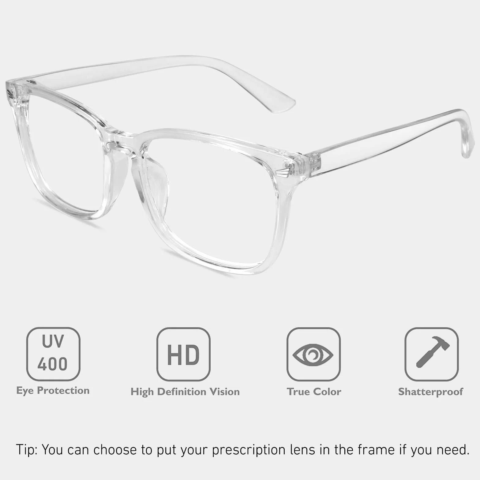 Lunettes de Vue Vintage Grand Carré Monture Surdimensionné Femme Homme Transparente