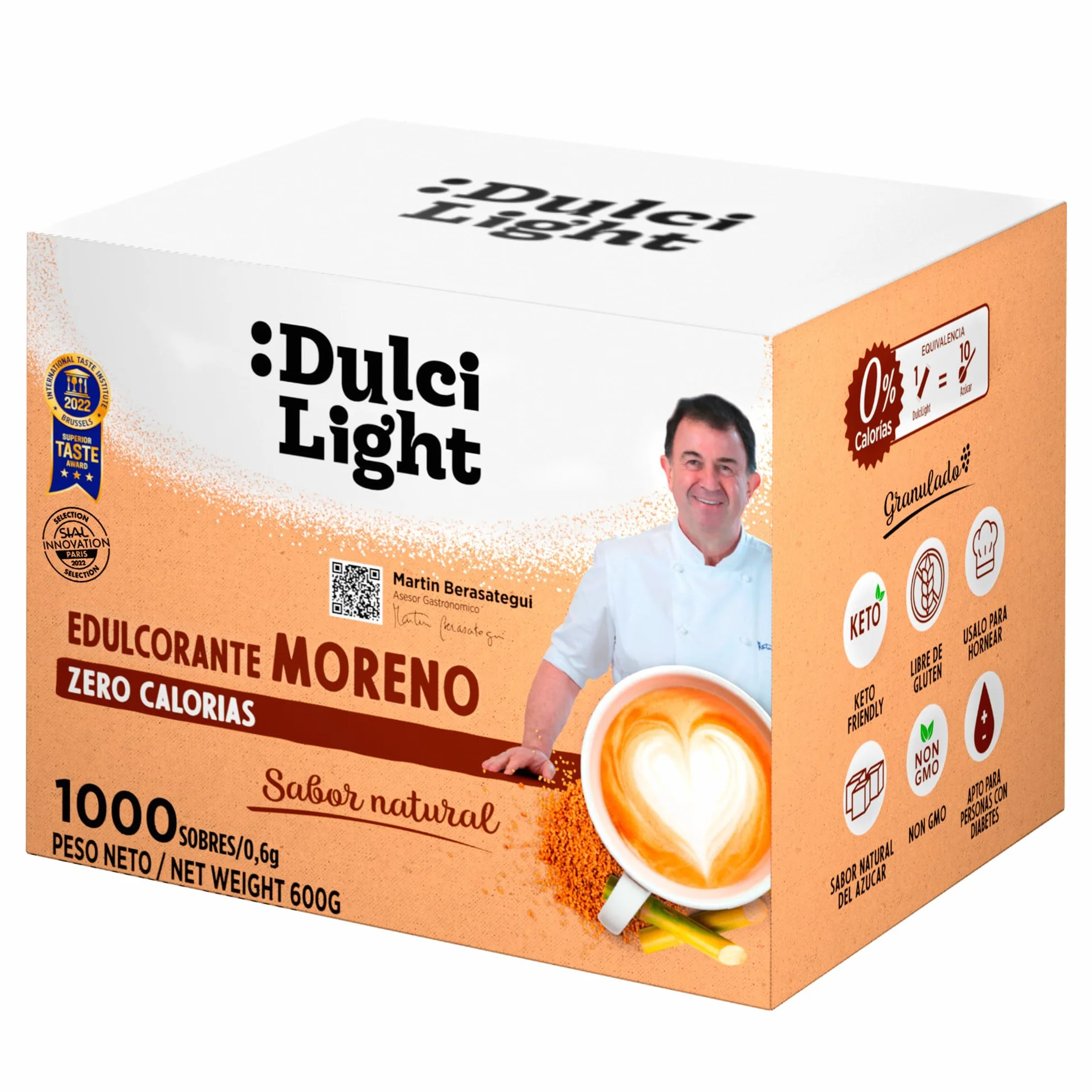 Dulcilight Édulcorant Roux Zero Calorie 1000 Buchettes 1g=10g de Sucre Brun Substitut de Sucre de Canne Muscovado Granulé aux Fibres 100% Saveur Naturelle No OGM Keto Sans Gluten Végétalien