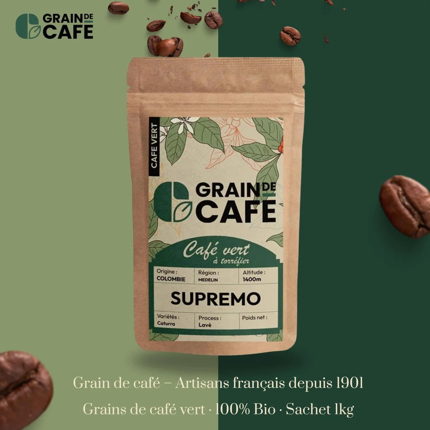 Graindecafé – Café Vert Colombie Supremo 1kg | 100% Arabica Lavé Non Torréfié | De Montagne Rond Et Aromatique | Notes De Cacao Et Fruits Jaunes | Idéal Machine À Grain Une Fois Torréfié