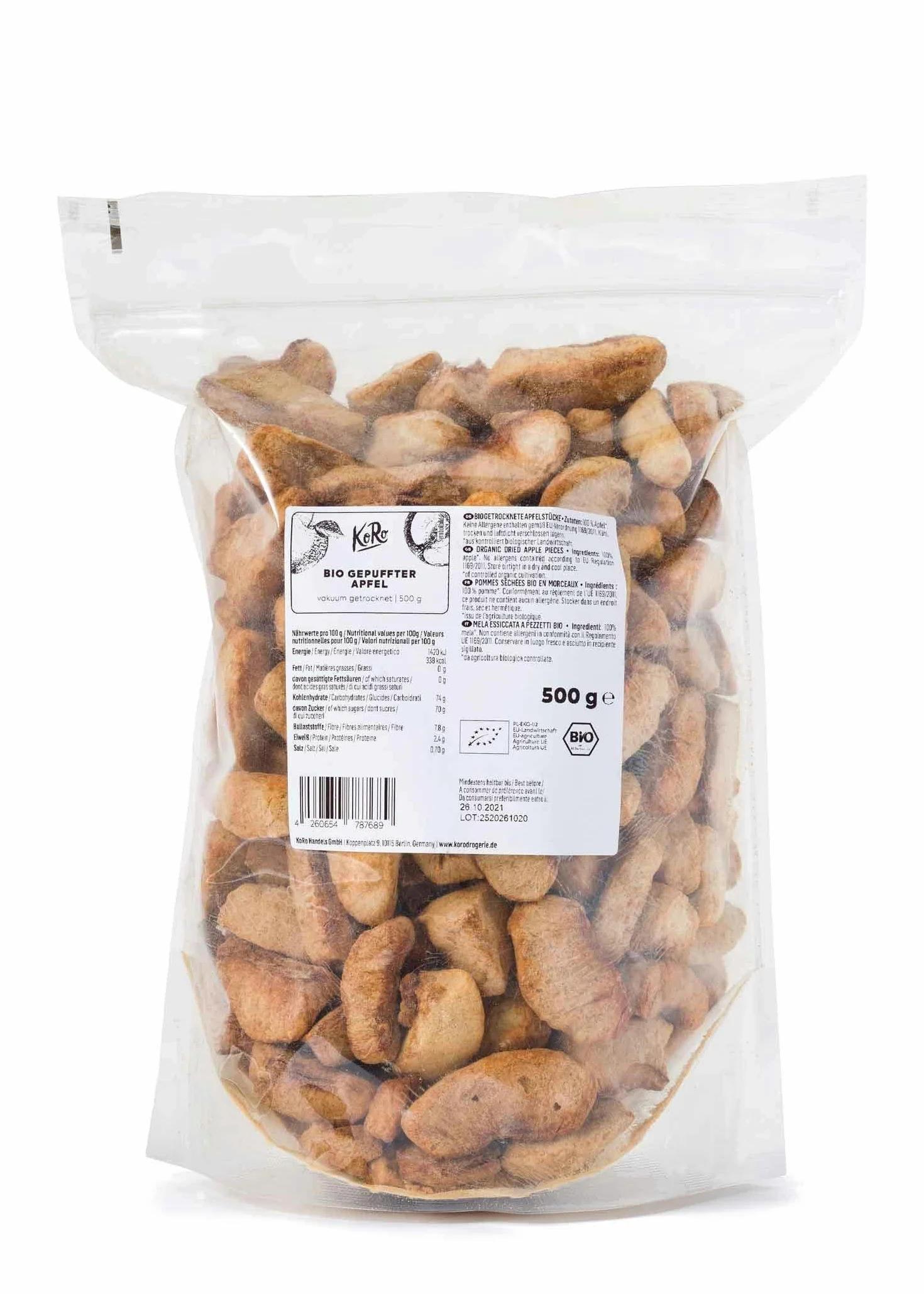 KoRo - Pomme soufflée biologique 500 g - Sans sucre ajouté - Particulièrement croquante - Aromatique-fruité - 100 % plaisir des fruits.