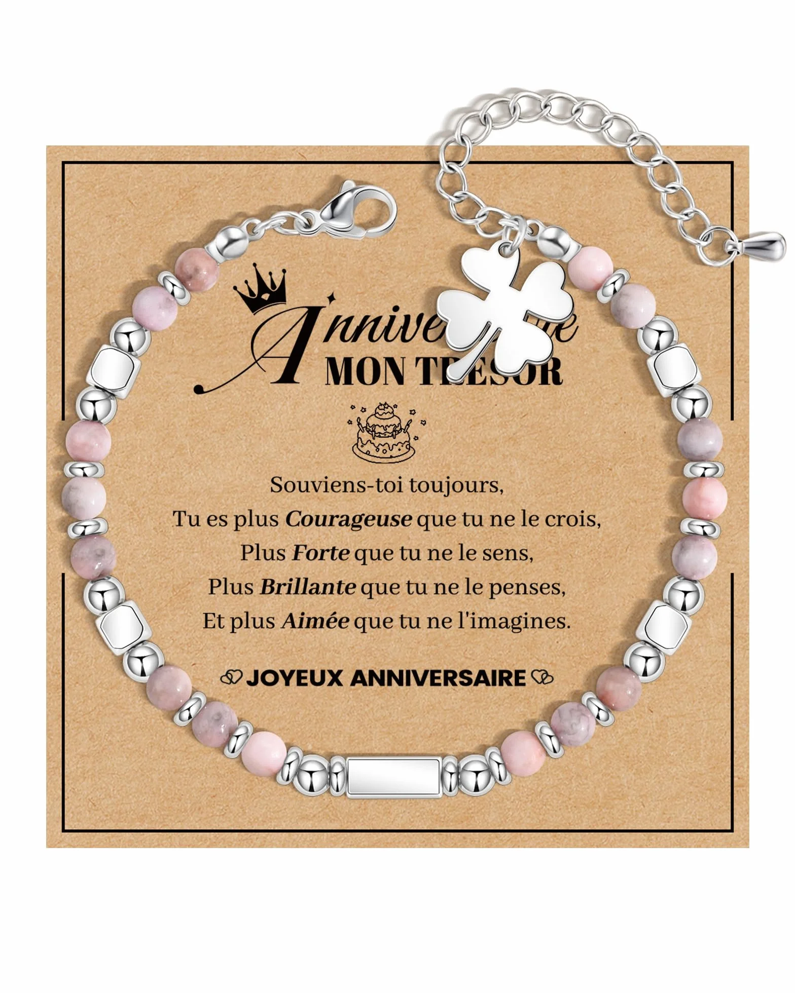 Seyaa Bracelet Pierre Naturelle Cœur Croix Trèfle 4 Feuilles Personnalisé Cadeau Anniversaire Fille