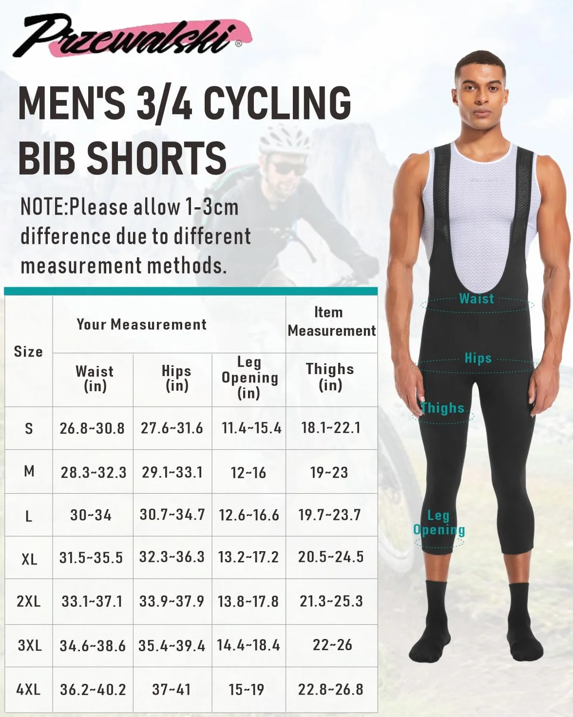 Cuissard à Bretelles Homme 3/4 Rembourré 4D Cyclisme Vélo Route VTT