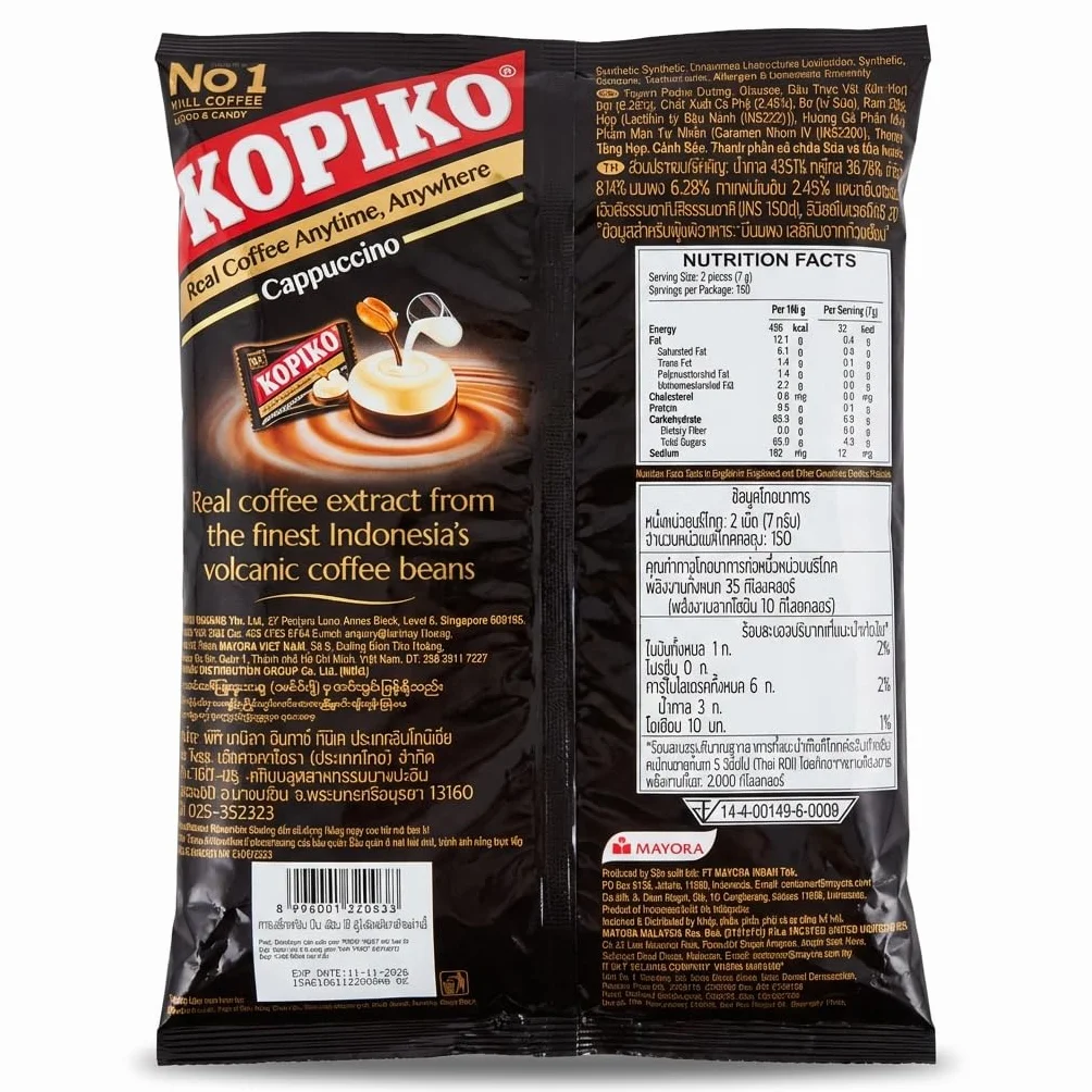 Kopiko Cappuccino Coffee Candy 1050 g (300 bonbons) - Bonbons halal au café façon cappuccino - Grand format - Goût café crémeux - Sachets individuels