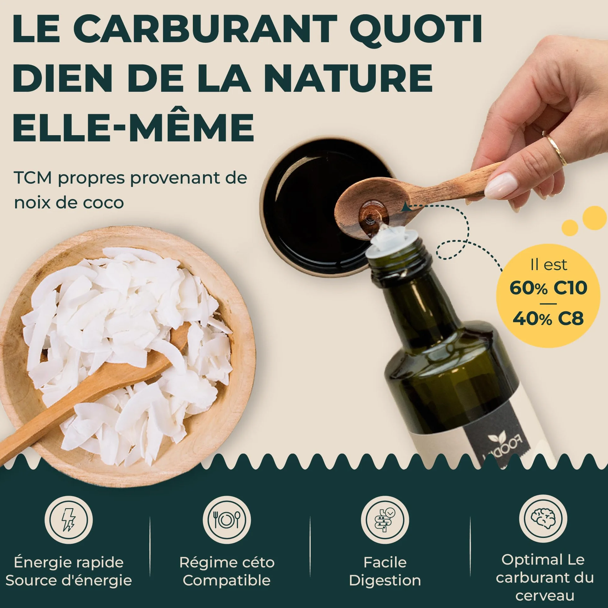 FOODIN Huile MCT 100% Huile de Coco,Triglycérides à Chaîne Moyenne (MCT), Sans Gluten & Végétalienne, de Coco Pure pour Athlètes, Idéale pour Régimes Cétogènes & Bienfaits Santé, 2 x 500 ml