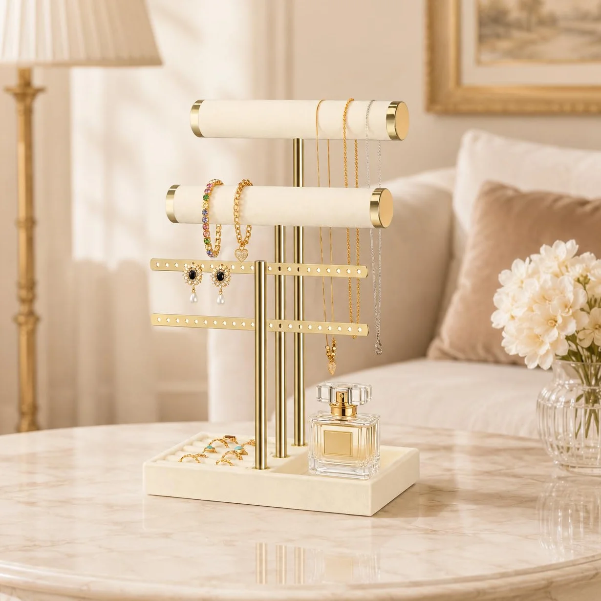 Organisateur de Bijoux à 3 Niveaux en Velours Beige - Porte Bijoux pour Bracelets, Colliers, Montres, Bagues