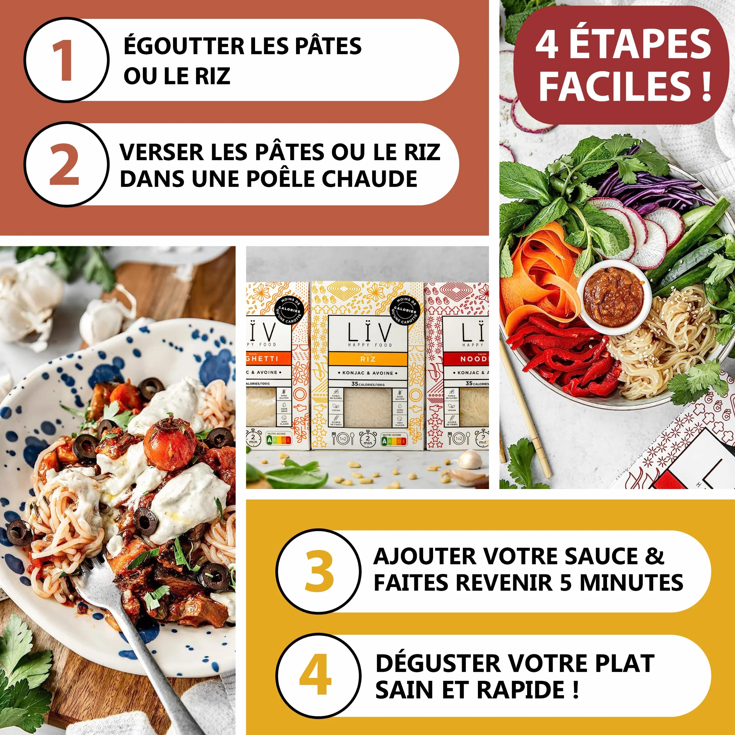 LÏV Happy Food - Trio Nouilles de Konjac, Spaghetti & Riz, 6x200g, Premium