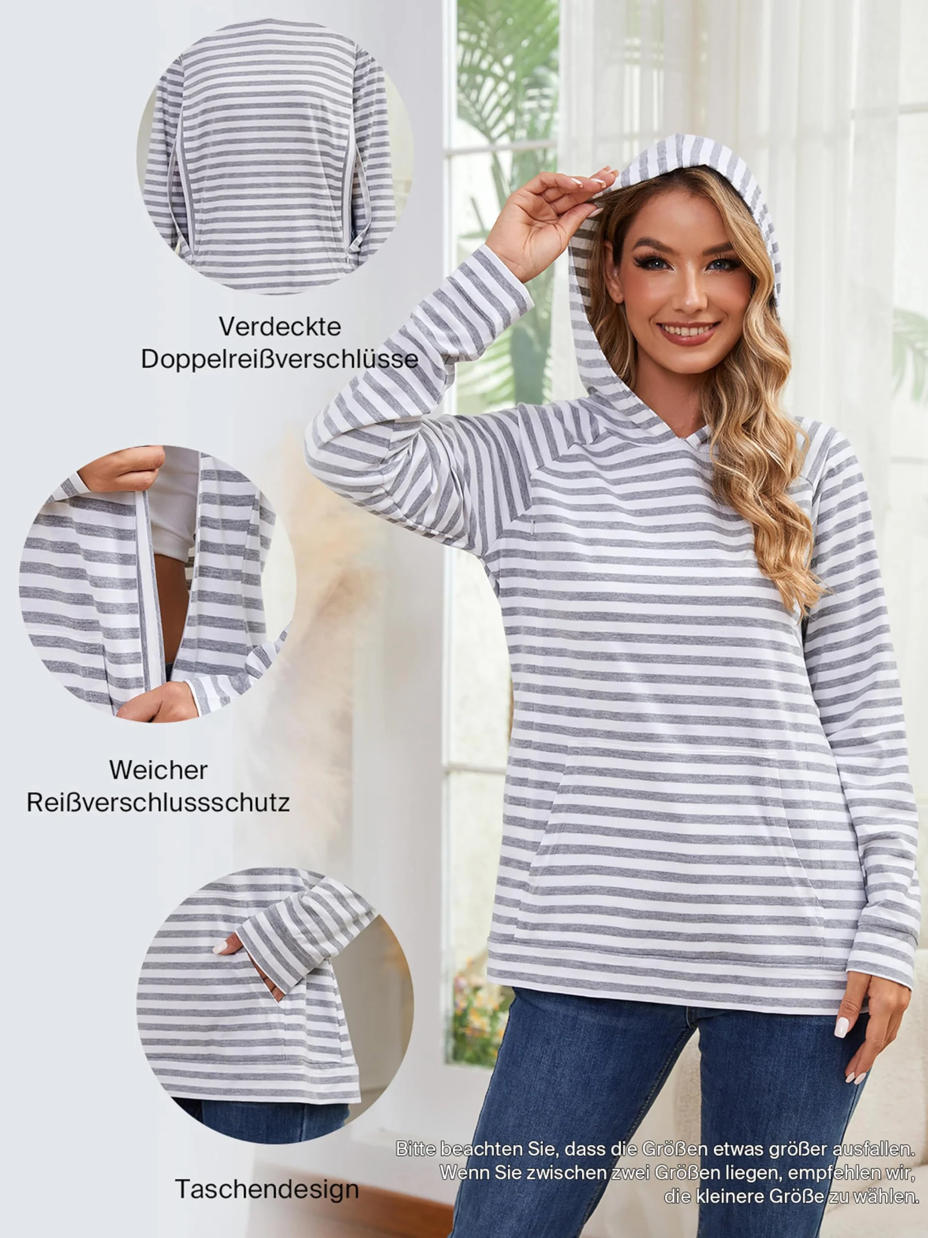 Sweat à capuche d'allaitement pour femme avec fermeture éclair invisible, pull de maternité