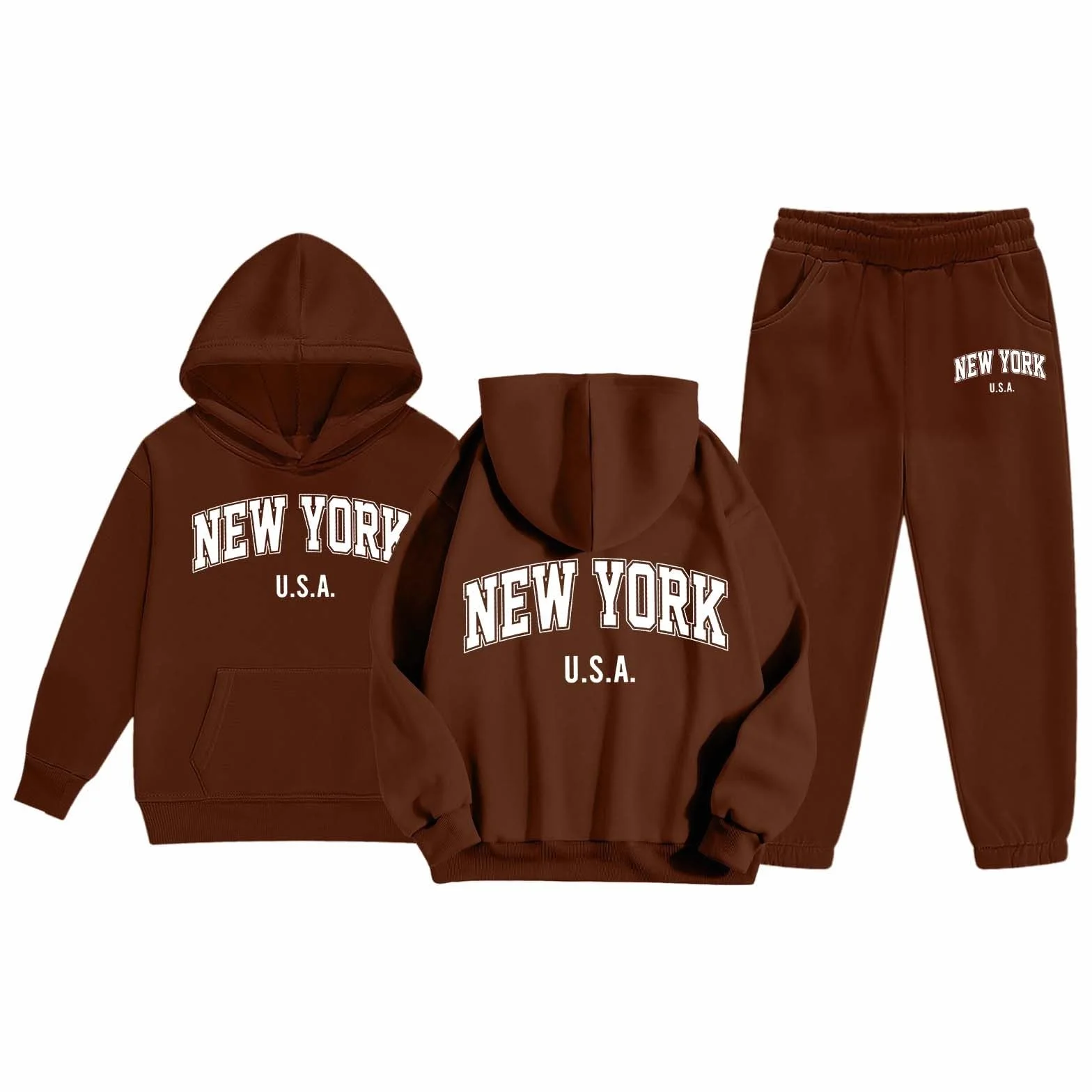 Survêtement enfant 2 pièces Pull manches longues Capuche Pantalon jogging Ensemble chaud Imprimé lettre Café 8-9 ans