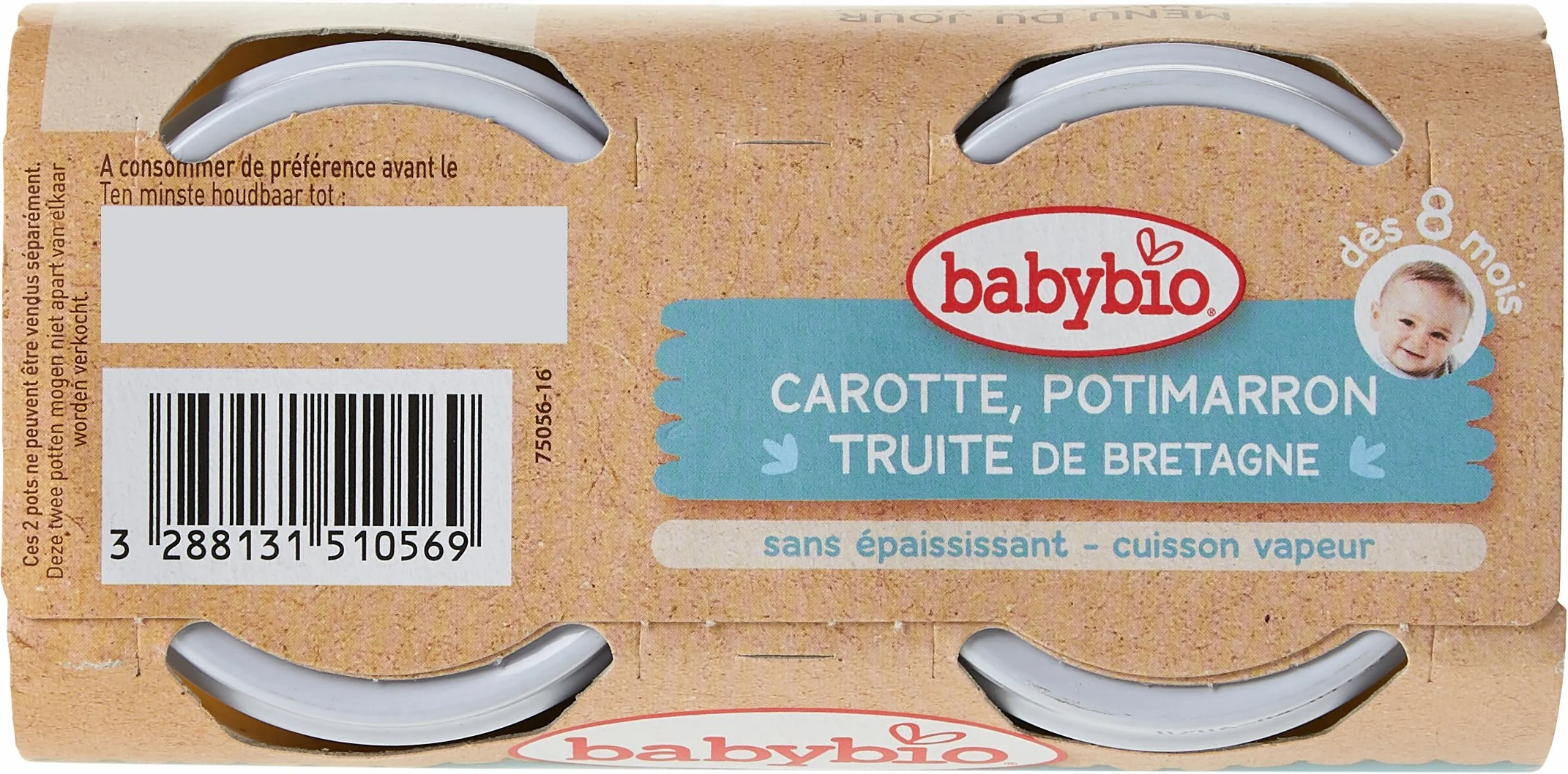 Babybio - Petits Pots Carotte Potimarron Truite de Bretagne 2x200 g - 8+ Mois - BIO - Lot de 6