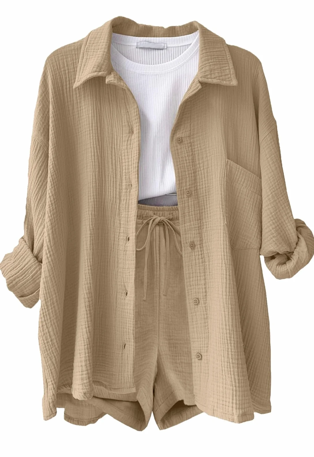 Ensemble 2 Pièces Femme Chemise à Manches Longues et Short en Coton et Lin Survêtement