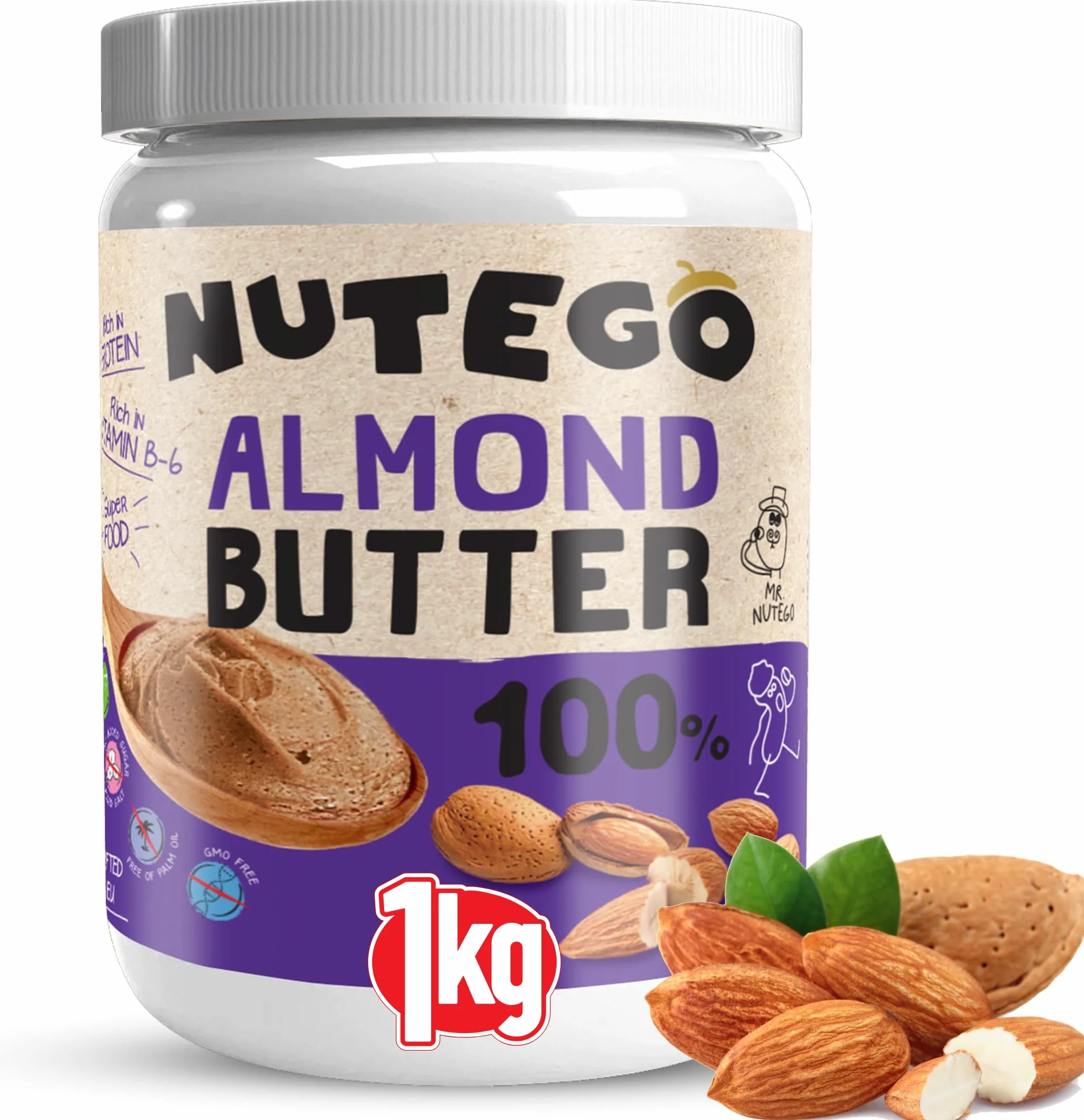 Nutego 100% Beurre d'Amande Crémeux 1 KG – Farine d'Amande Pure – Sans Additifs, Sans Sel, Sucre, Huile de Palme – Végan, Sans Lactose, Sans OGM