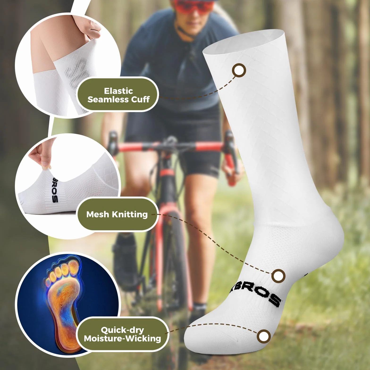 ROCKBROS Chaussettes Vélo Route VTT Aéro Compression Antibactériennes Anti-Odeur Séchage Rapide Cyclisme Course Randonnée