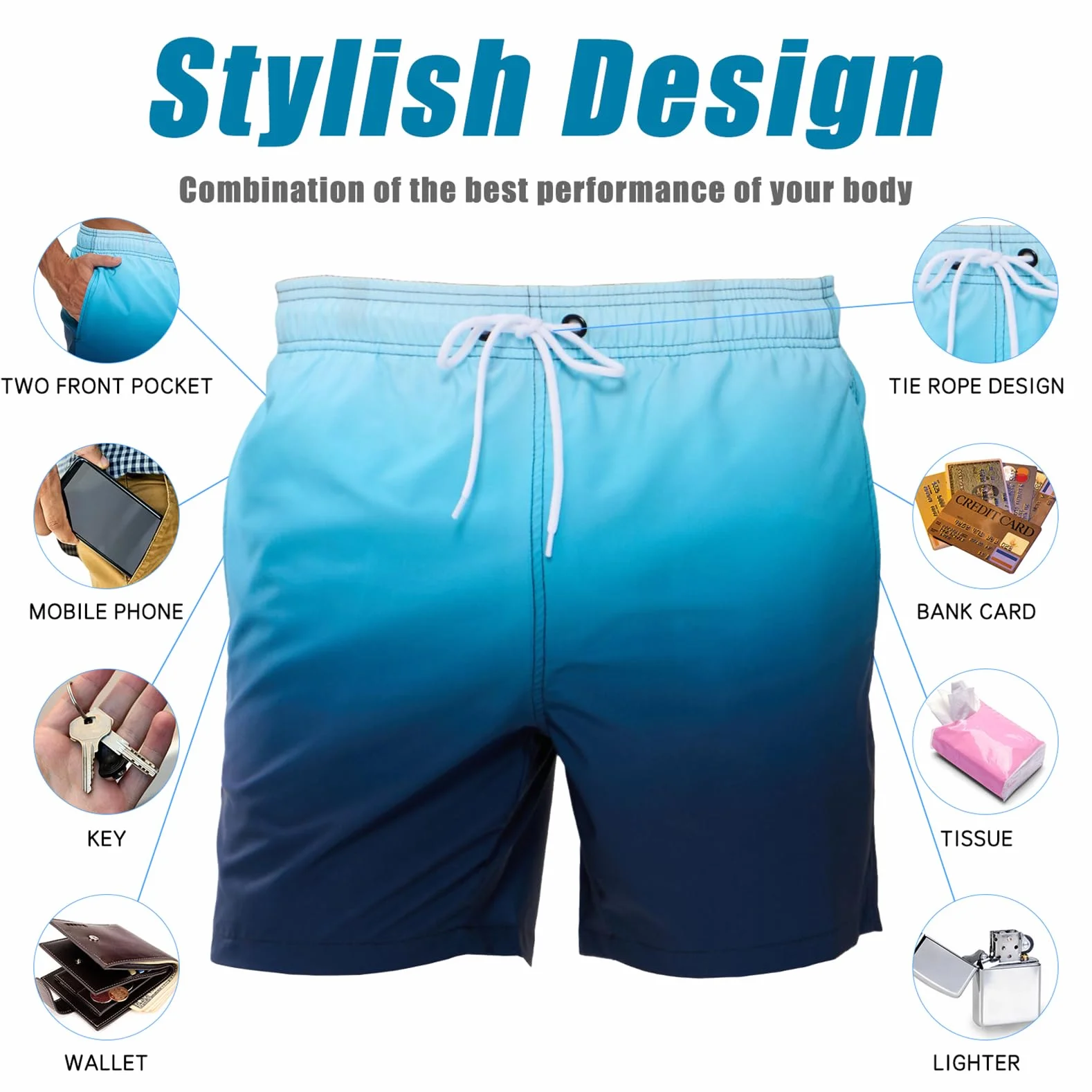 Maillot de Bain Homme Étanche Séchage Rapide Poches Zippée Doublure Maille Dégradé