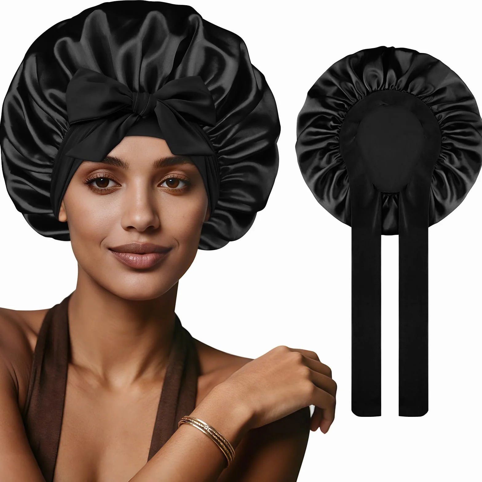 Bonnet Satin Cheveux Nuit Charlotte Locks Bouclés Ajustable Long Elastique Noir Moyen