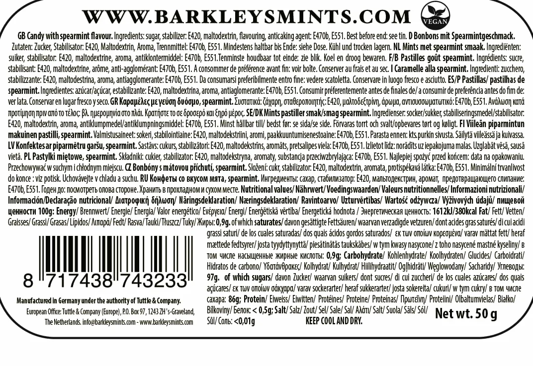 Barkleys Classic Mints Spearmint 6-Pack 6 x 50g