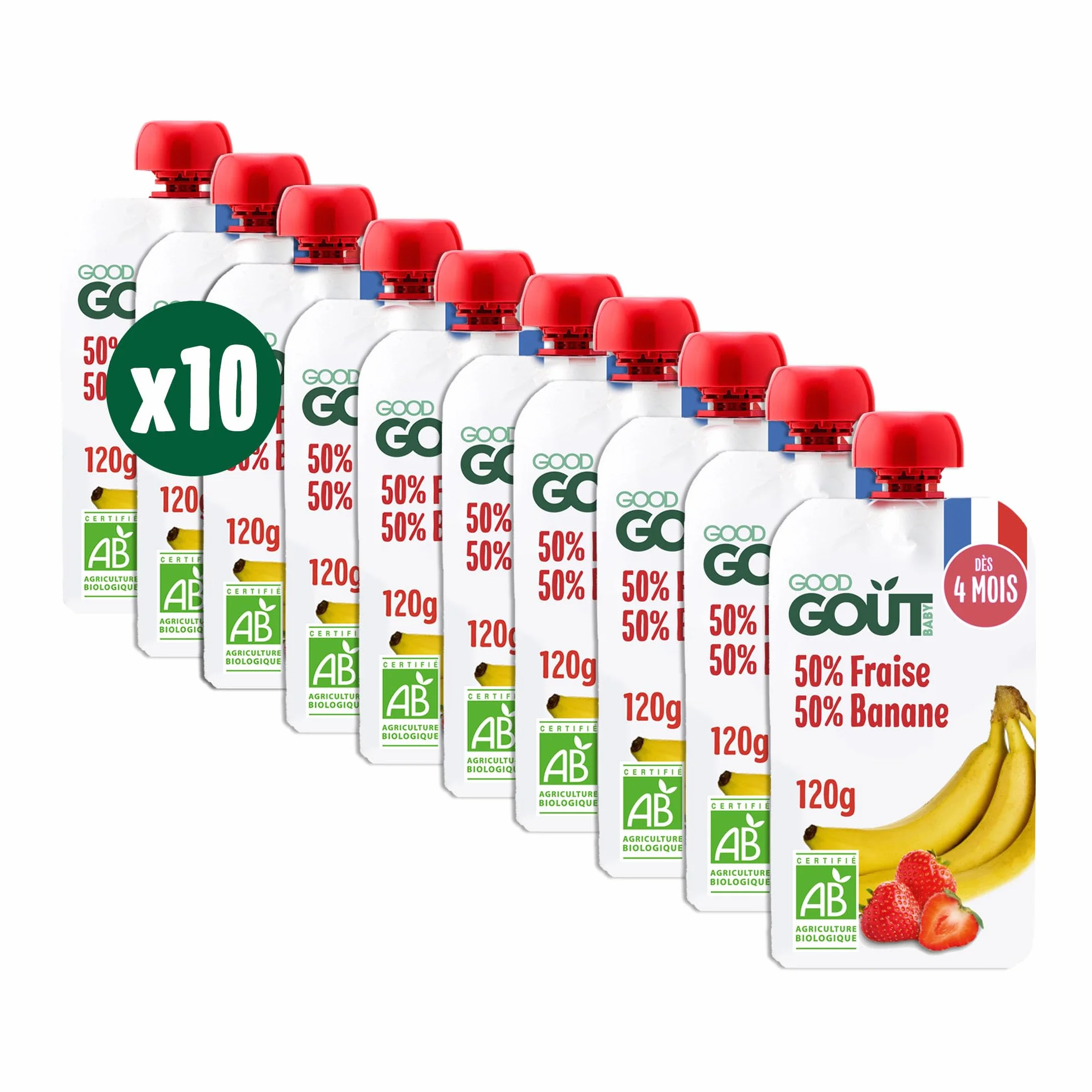 GOOD GOÛT - Gourdes Fraise Banane - Purée Bébé - Dès 4 Mois - 50% Banane, 50% Fraise - Sans Sucres Ajoutés - Fabriqué En France - 10x120g