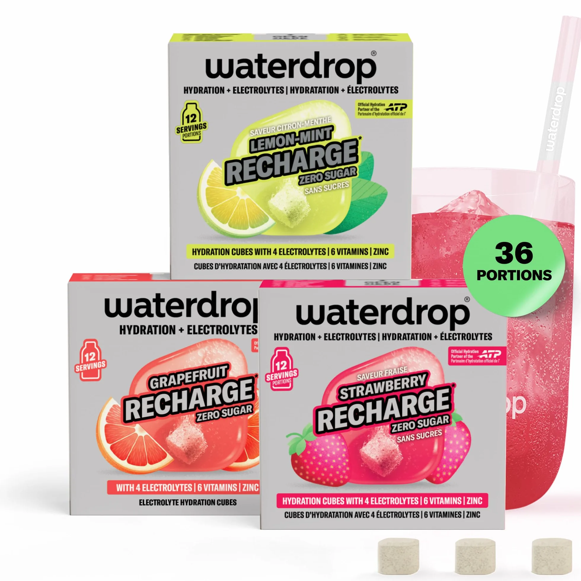 waterdrop® Microlyte Mix – Électrolytes sans sucre pour hydratation sport – 36 cubes de boisson avec magnésium, calcium, zinc et sodium – Arômes Fraise, Pamplemousse & Citron-Menthe rafraîchissants