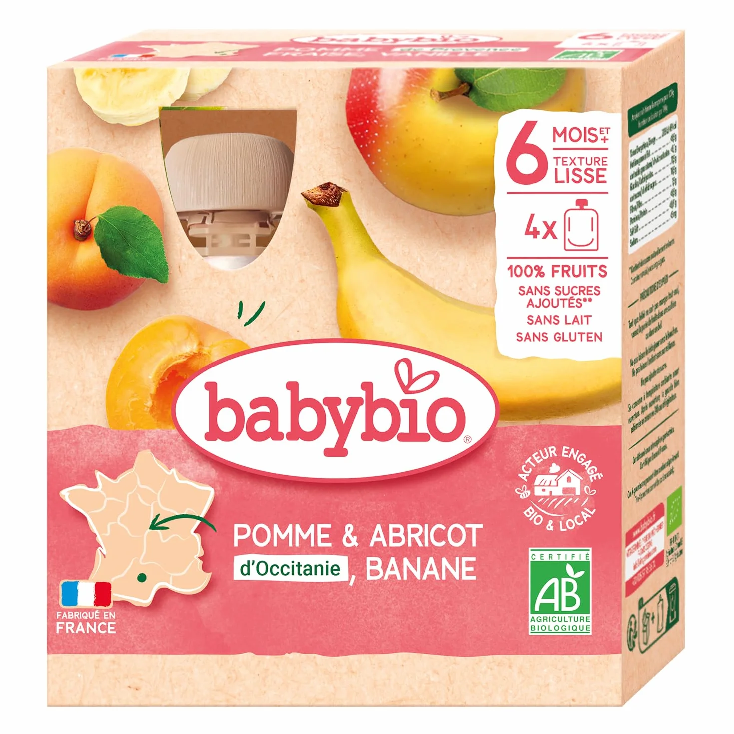 Babybio Gourdes Fruits Pomme Abricot d'Occitanie Banane 4x90 g 6+ Mois BIO