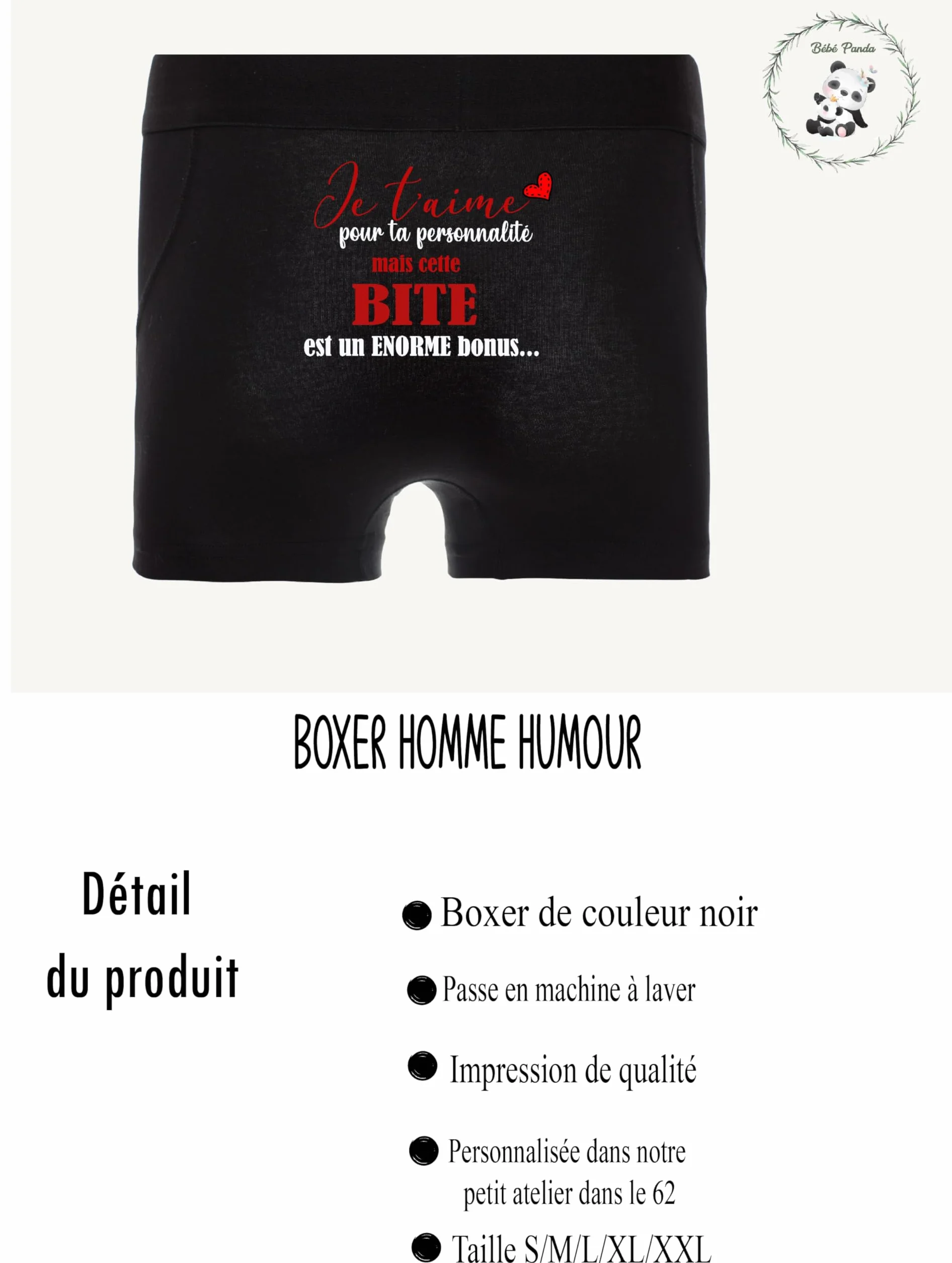 Boxer Homme Noir Humoristique "Je t'aime" Idée Cadeau Saint-Valentin Anniversaire Sous-vêtement Confortable Tailles S-XXL