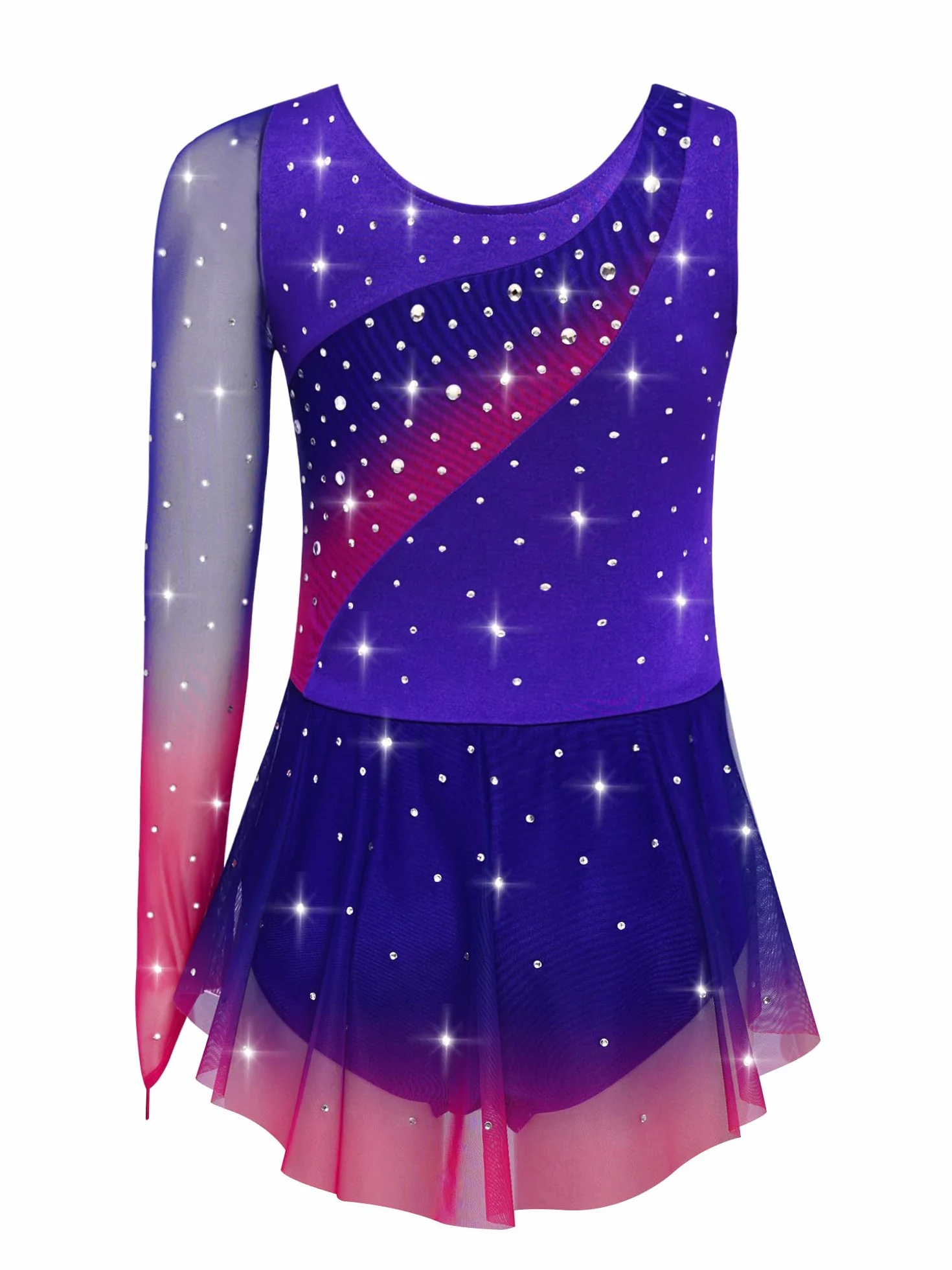 Robe Patinage Artistique Asymétrique Une Epaule Strass Justaucorps Gymnastique Danse Enfant 5-16 Ans