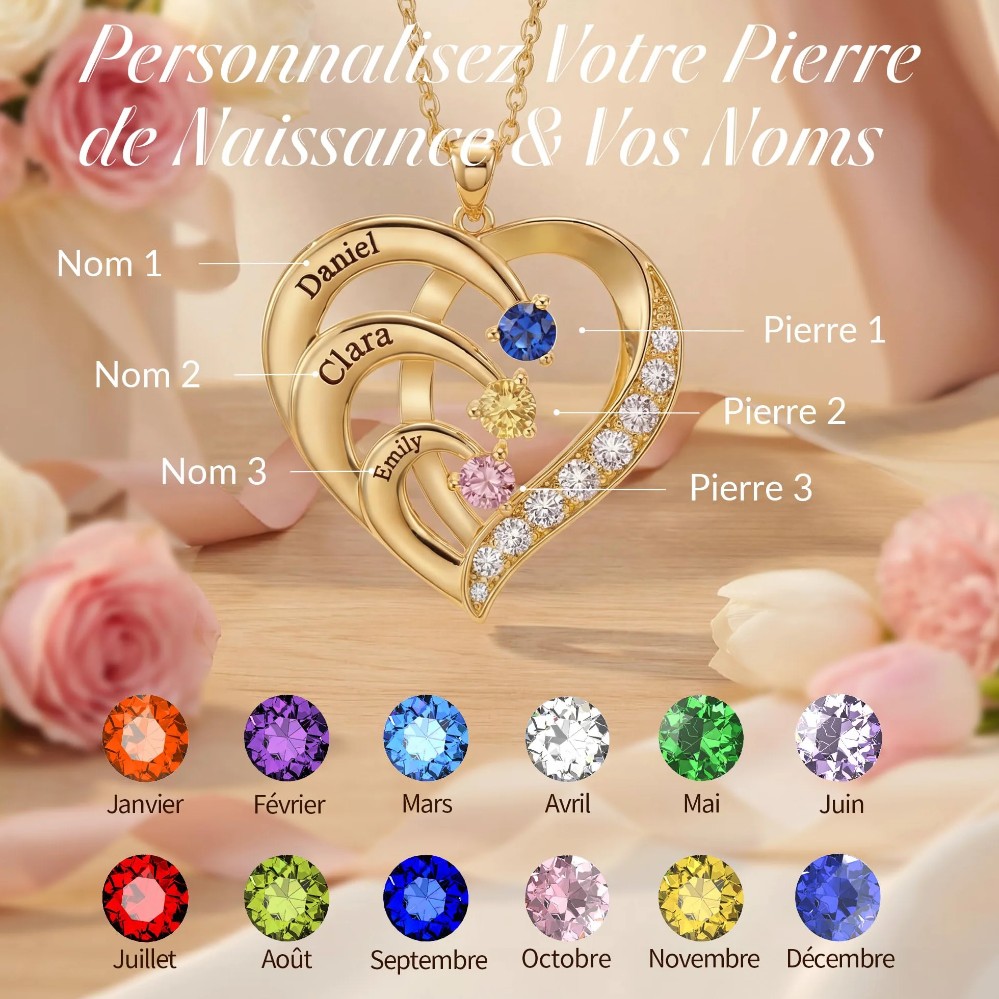 Easycosy Collier Personnalisé Prénom Pierres de Naissance Cadeau Fête des Mères Maman Bijoux Gravé Nom Pendentif Cœur
