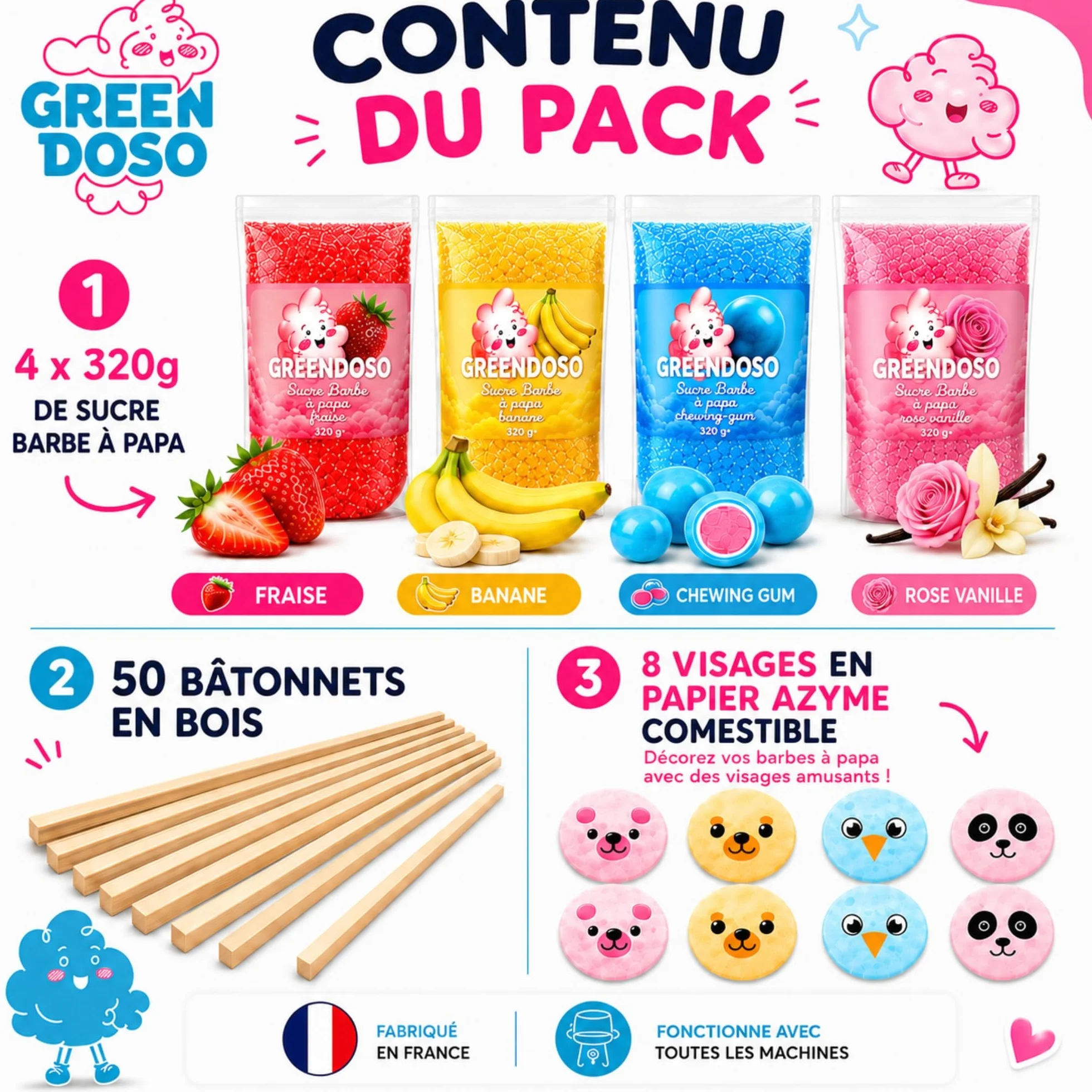 GREENDOSO® Sucre Barbe à Papa pour Machine (4x320 gr) – Lot de 4 Goûts (Fraise/Chewing Gum/Banane/Vanille) – 50 Bâtonnets