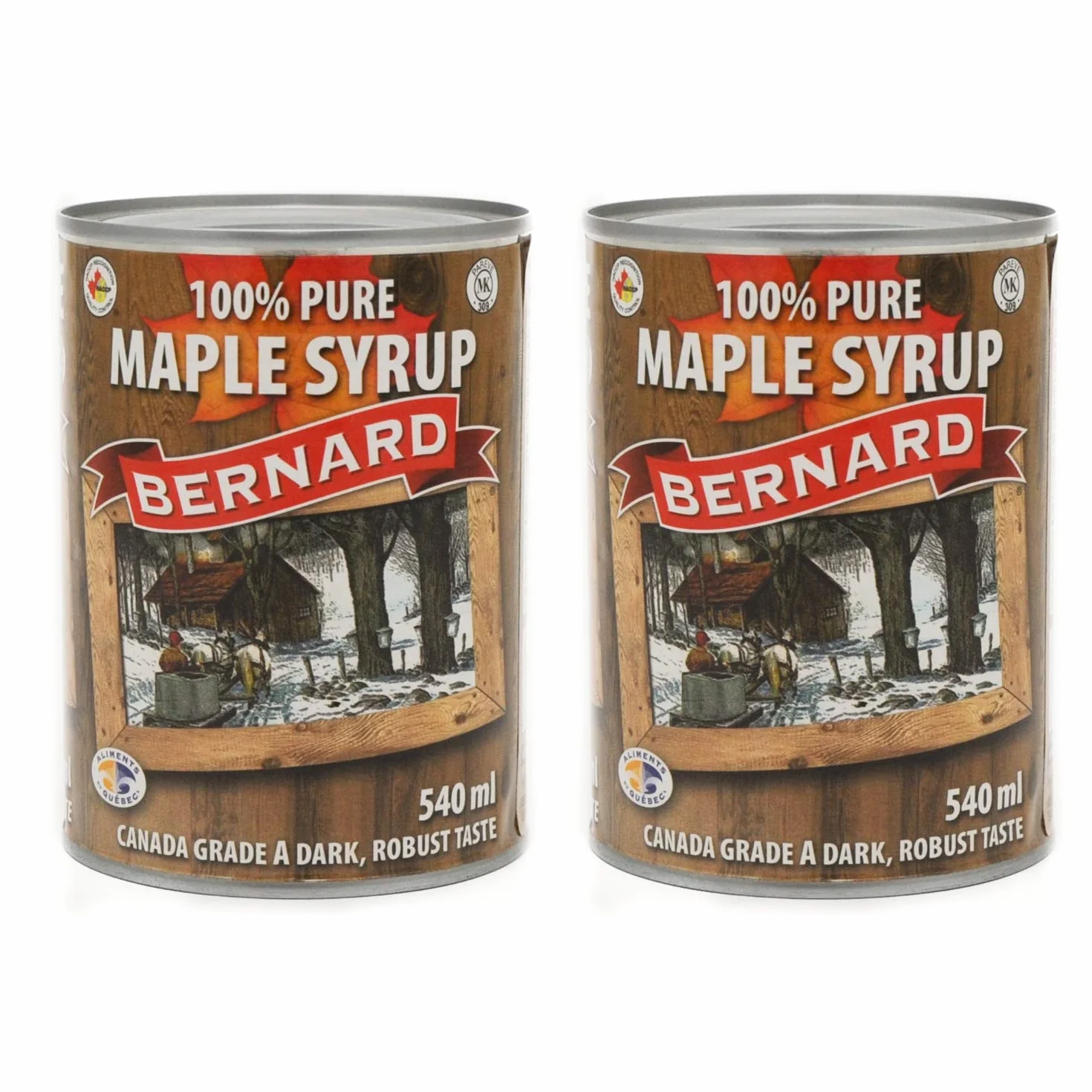 Pur Sirop d'érable en canette - Grade A (Dark, robust taste) - Pack 2 x 540 ml (714 g) - Original maple syrup - Pur Sirop d'érable