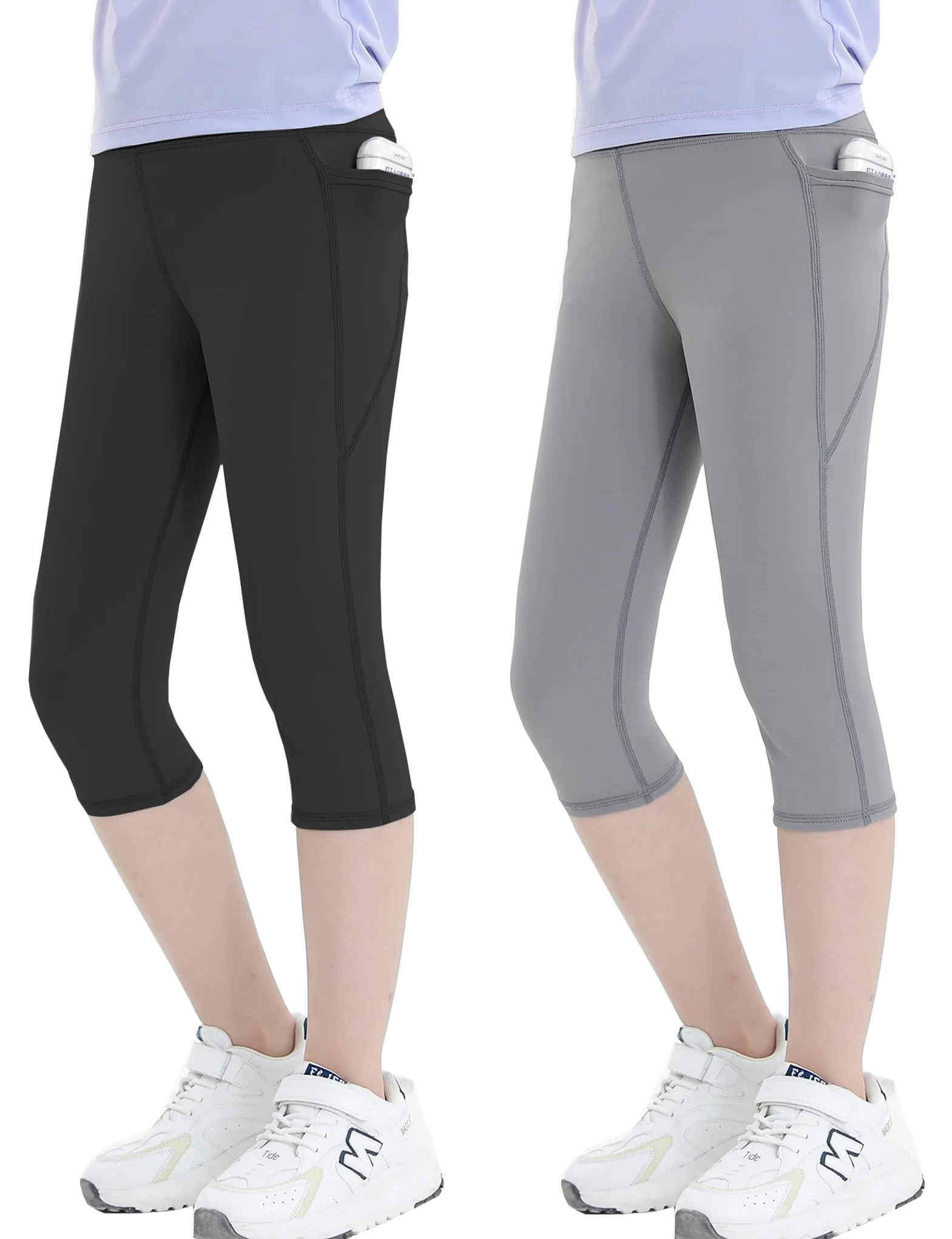 Kiench Leggings de Sport 3/4 Fille Capri Pantalon Yoga Gymnastique avec Poche Lot de 2