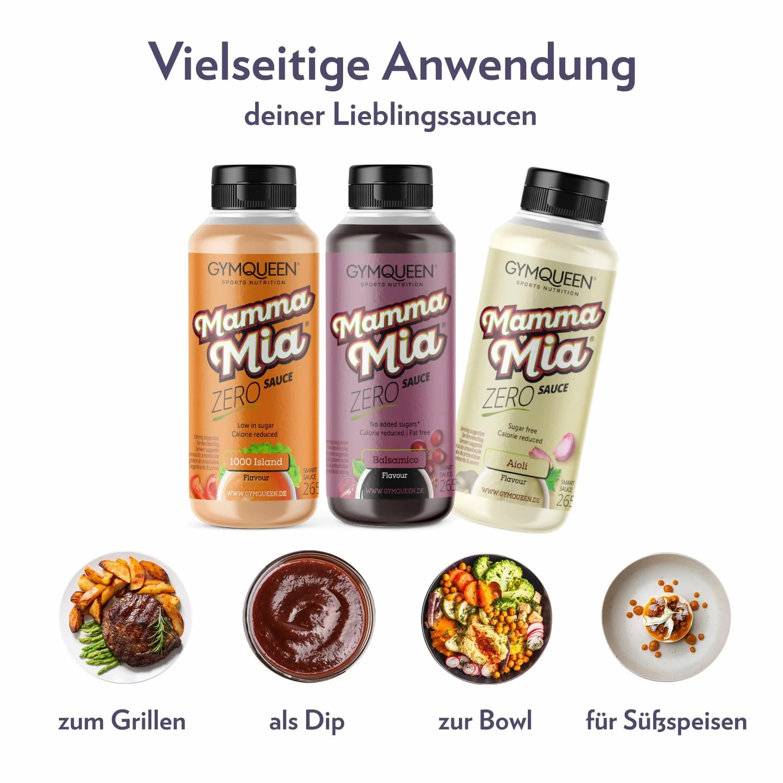 GymQueen Mamma Mia Sauce Zero 265 ml, faible en calories et sans graisse, pour affiner les plats ou comme vinaigrette, végétarien, Balsamico