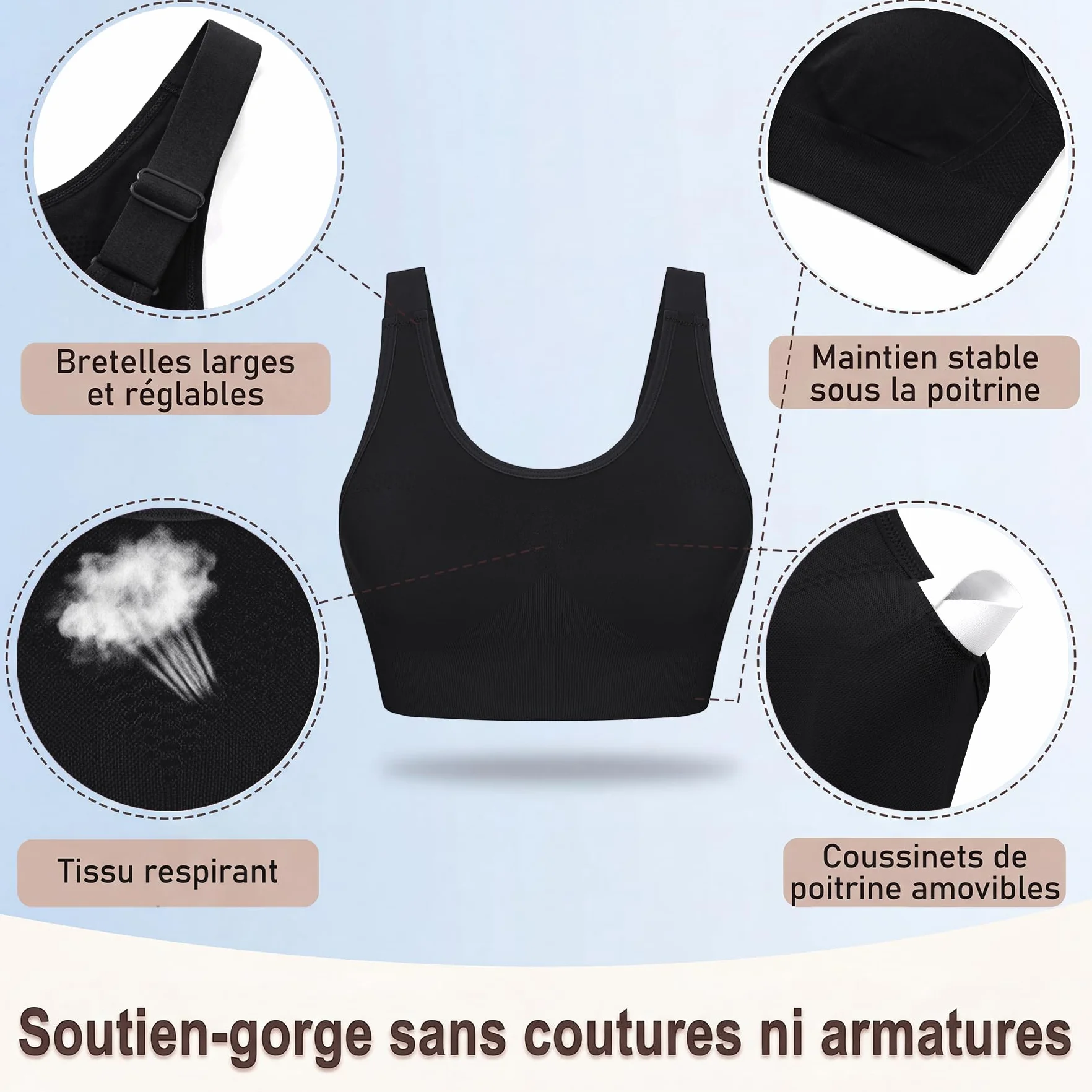 Soutien-Gorge de Sport Femme à Bretelles Larges Réglables Maintien Moyen à Élevé pour Fitness Running Yoga S-XL
