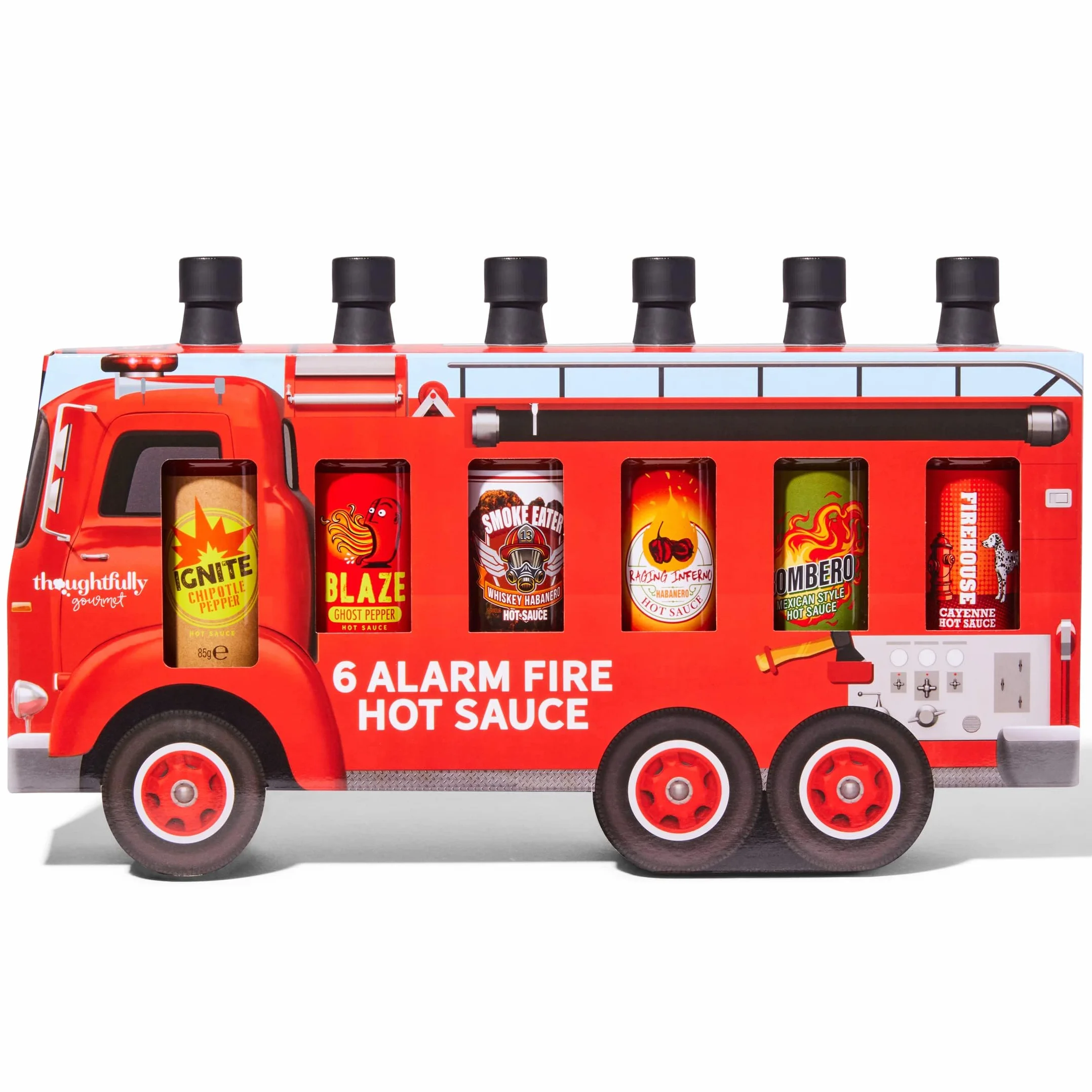 Thoughtfully Gourmet – Set 6 Sauces Piquantes Camion de Pompiers – Ghost Pepper, Chipotle, Habanero & Plus – Idée Cadeau Homme – Anniversaire & Fête des Pères – 6 x 85 g