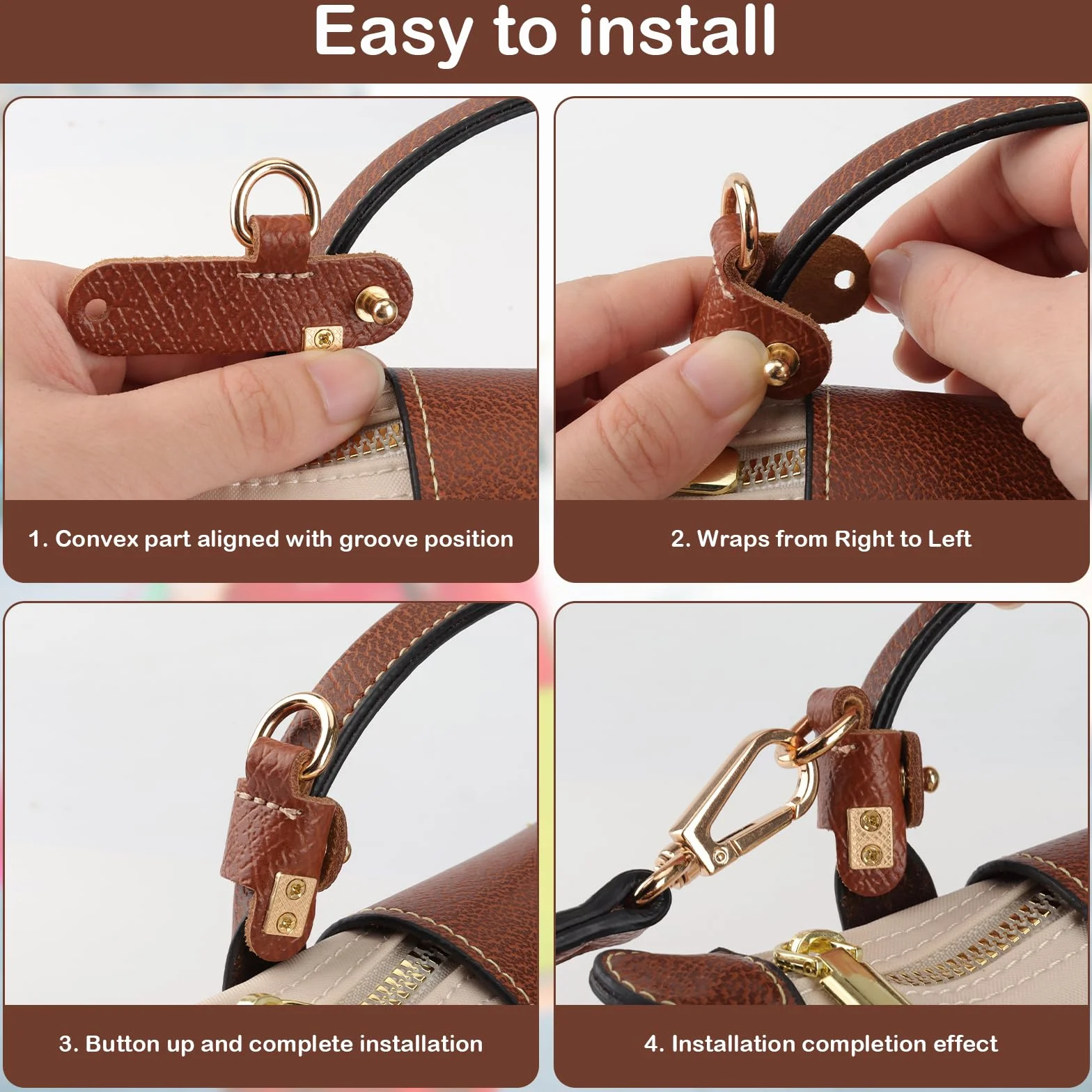 Bandoulière Réglable pour Sac Longchamp Mini, Marron, Sangle à Boucle Sans Perforation avec 2 Adaptateurs