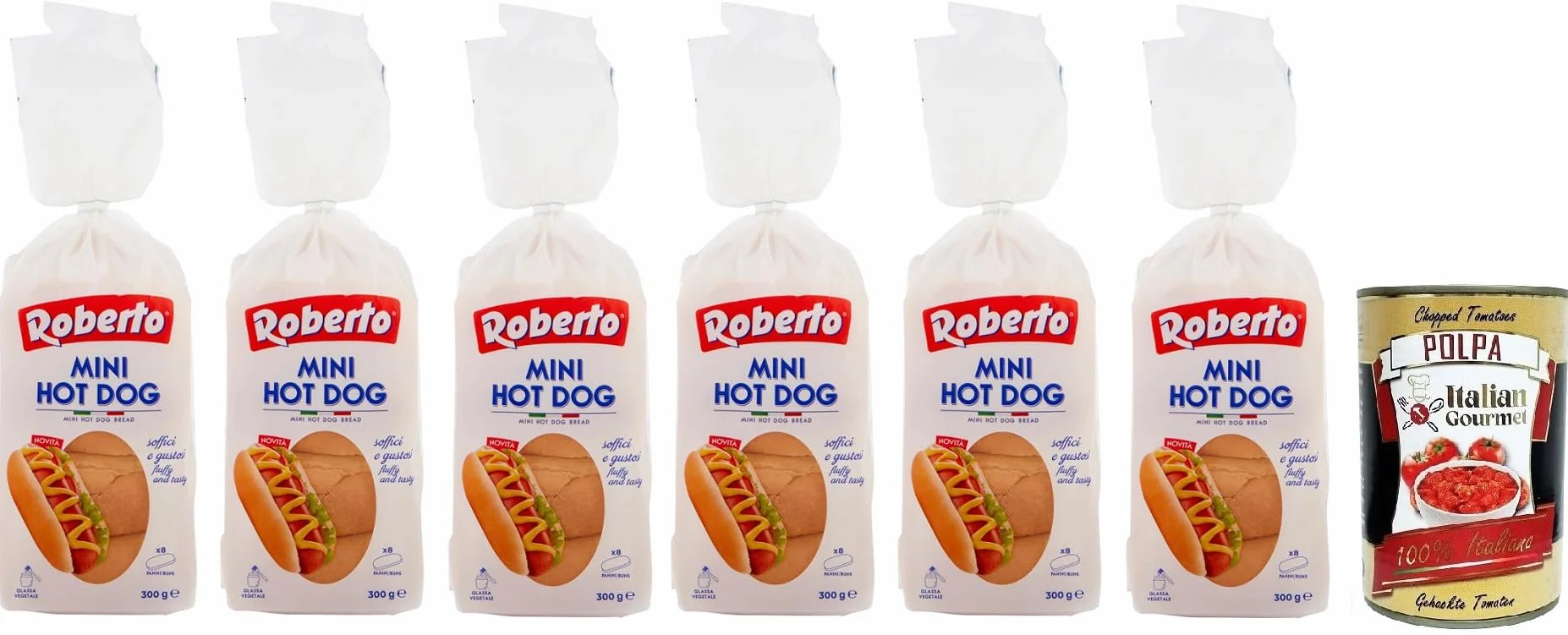 6x Roberto Mini Hot Dog Brot,Packung mit 300g,Jede Packung enthält 8 Hot Dog Buns + Italian Gourmet Polpa di Pomodoro 400g Dose