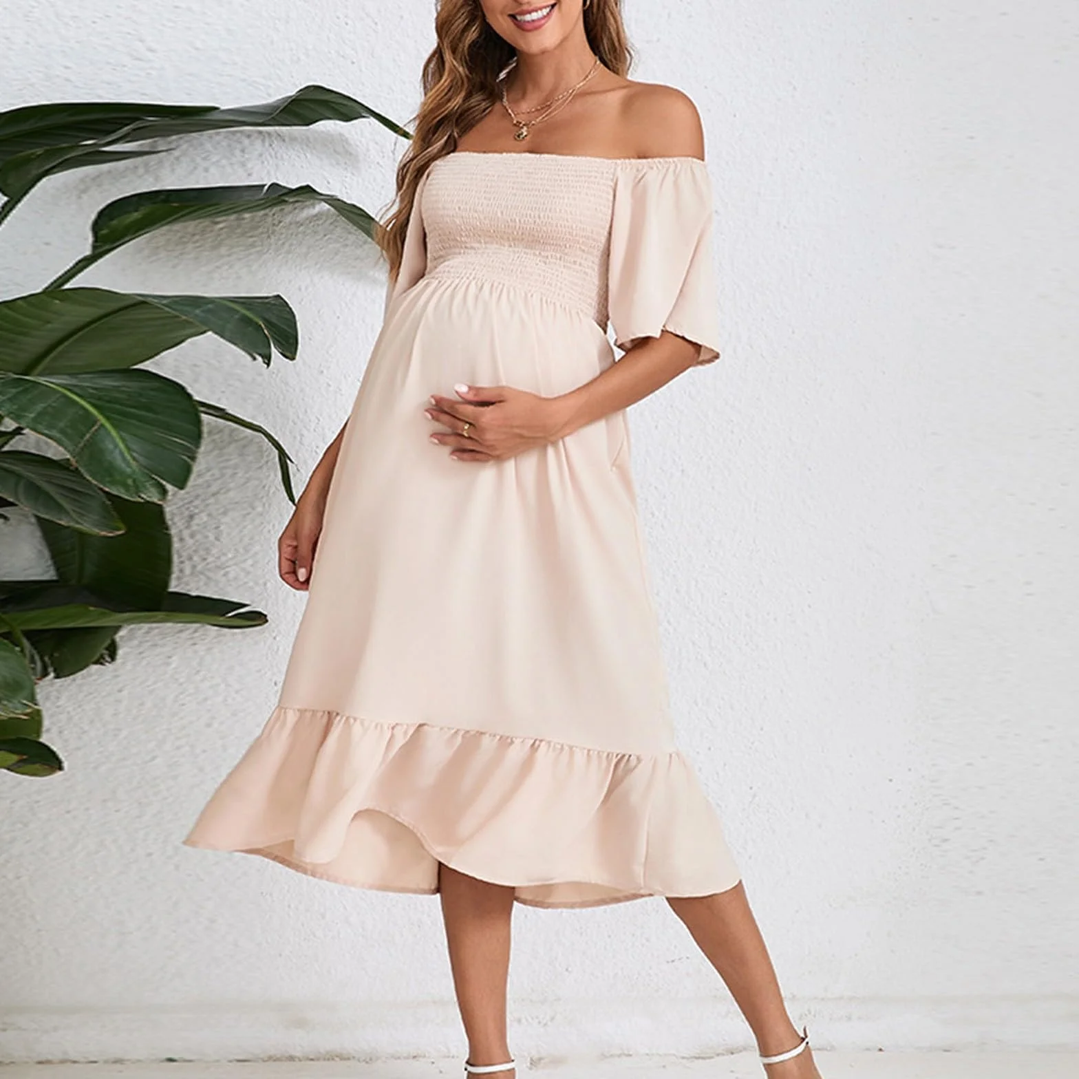 Robe Maternité Manche Courte Mi Longue Volants Grande Taille Ample Enceinte